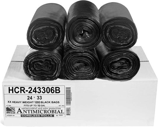 Aluf Plastics High Density Trash Bags, 16 Gallon, 1000 Count, 6 Micron (eq), 24" x 33", Black, for Bathroom, Office, Industrial, Commercial, Janitorial, Municipal, Recycling