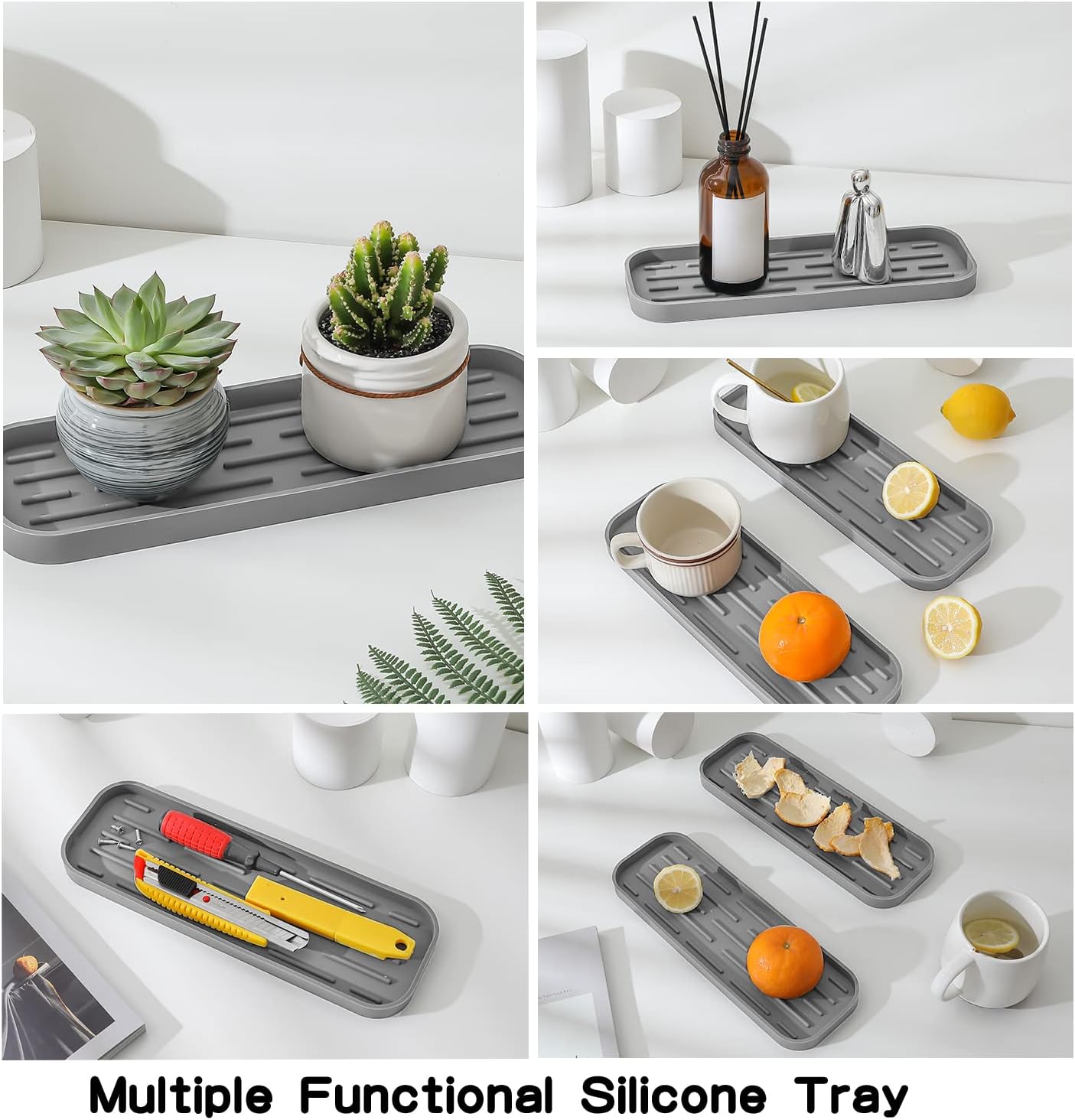 Silicone Kitchen Sink Organizer Tray for Multiple Usage,Eco-Friendly Sponges Holder for Kitchen Bathroom Counter or Sink,Dish Soap Dispenser,Scrubber,Bottle,Cup (Grey, 12"×4")