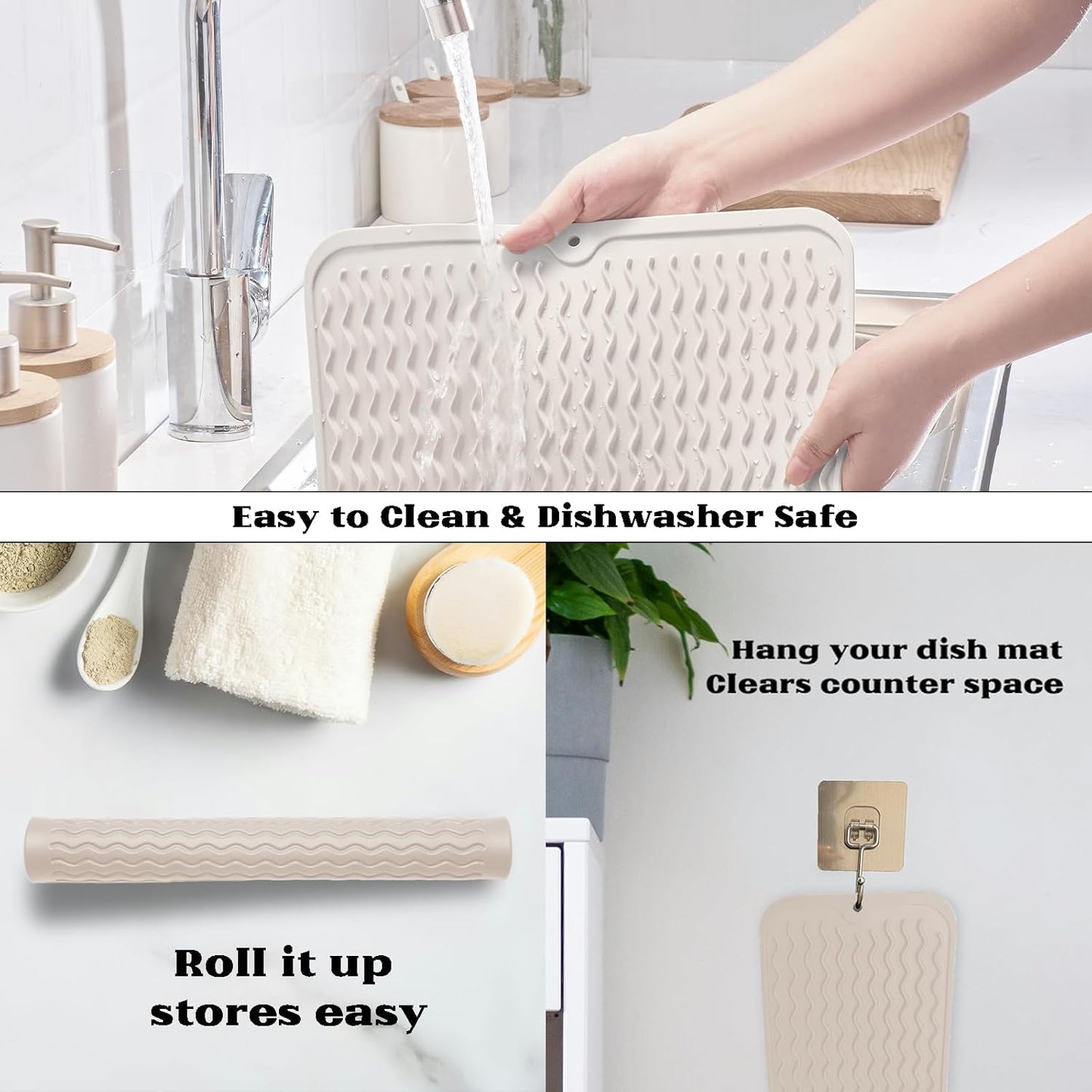 ZLR Silicone Dish Drying Mat for Kitchen Counter, Eco-Friendly Fast Dry Dish Mat, Easy Clean Multi Usage Drying Matt, Heat Resistant Trivet, 12" x 12" Middle, Cassava White