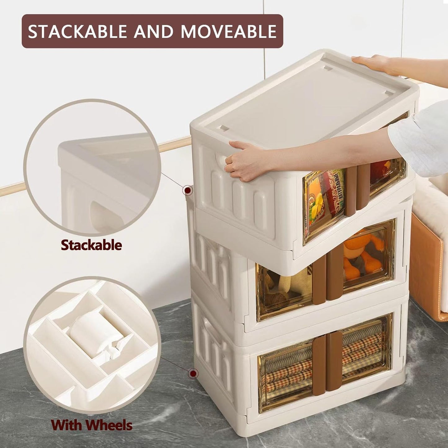 19Gal Collapsible Storage Bins with Lids & Wheels - 4 Pack Stackable with Doors, Heavy-Duty Plastic Cabinet for Home/Office, Milk White