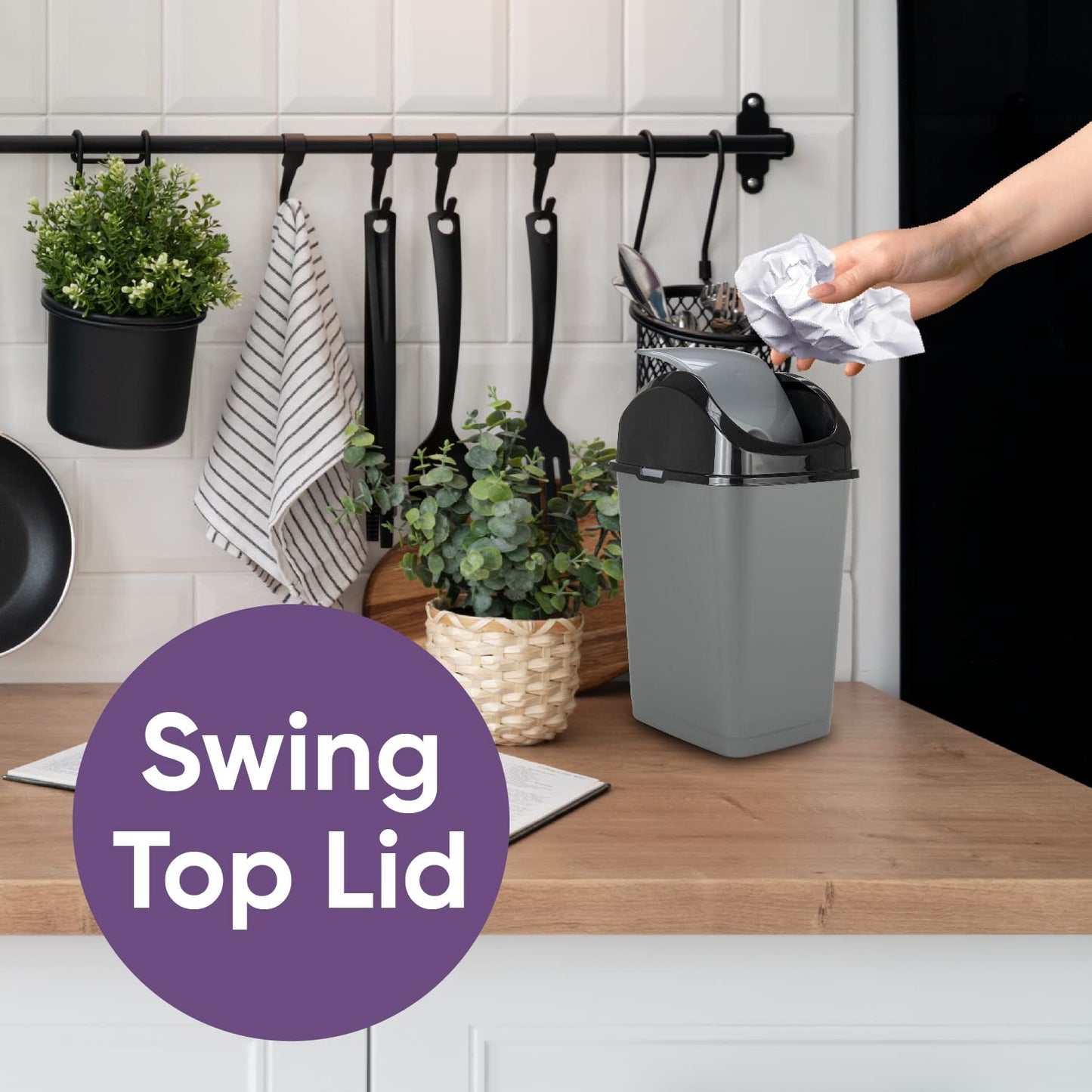 Superio Mini Plastic Trash Can with Swing Top Lid 1.25 Gallon Compact Small Waste Bin Portable Garbage Can for Countertop, Desktop, Make up Vanity, Bathroom, Car, Under Sink, Dorm 5 Qt. (Grey/Black