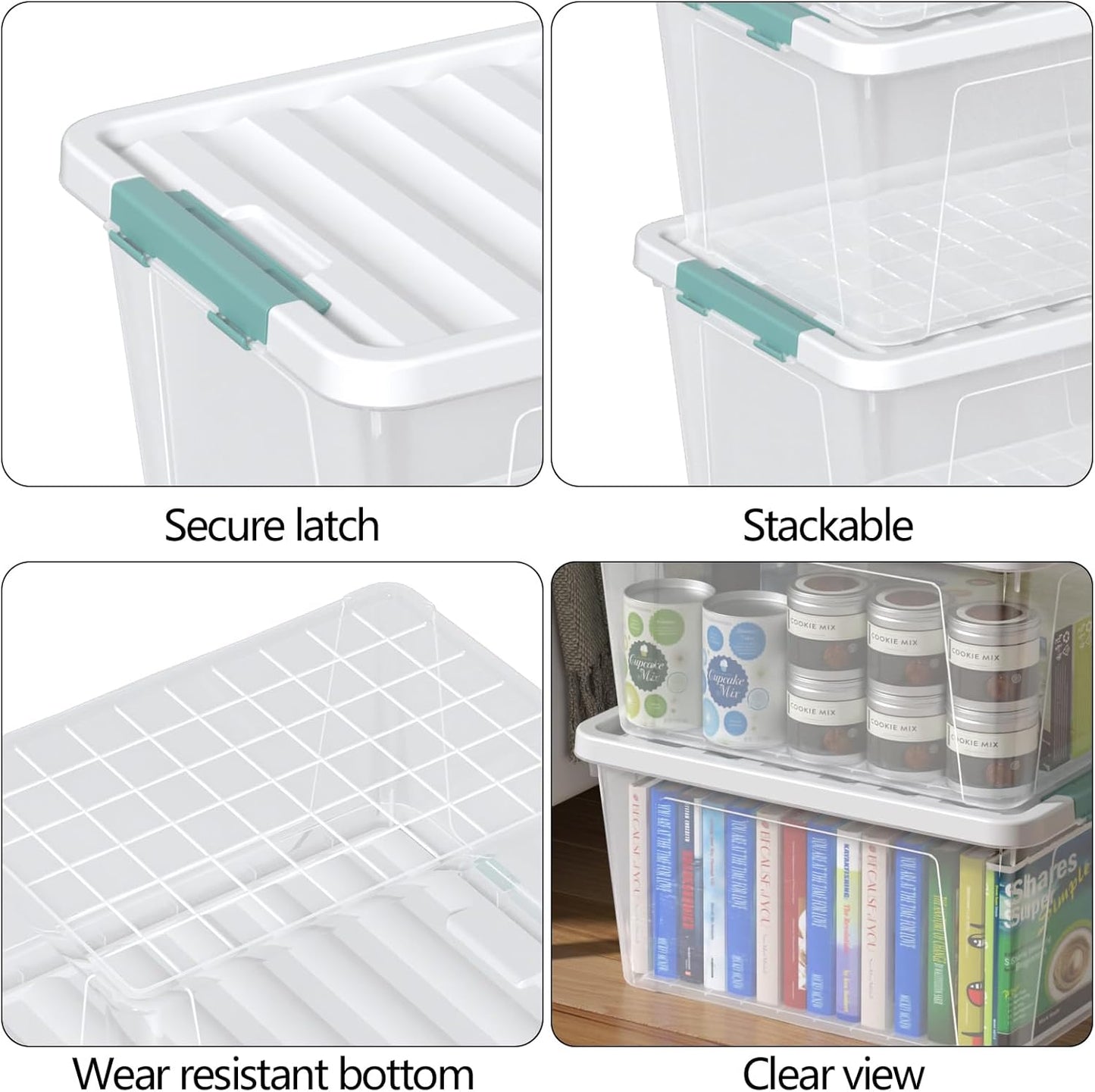 Zopnny 6-Pack 35 Quart Plastic Latch Storage Box with Lid, Stackable Latching Storage Bin, Clear