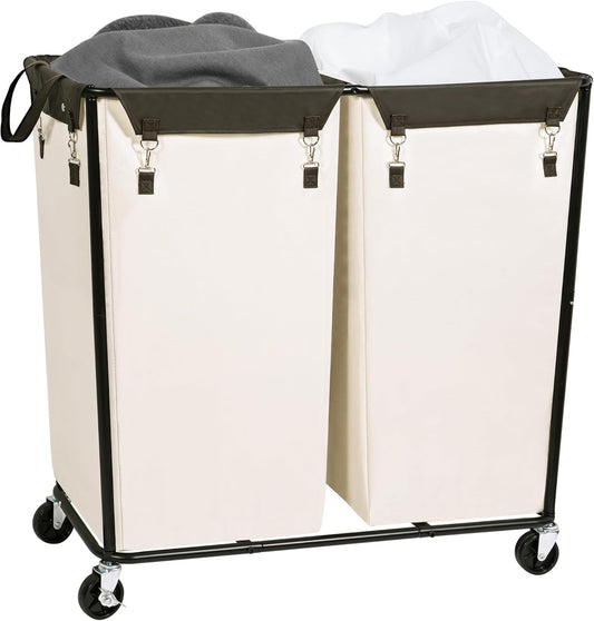 STORAGE MANIAC Commercial Laundry Hamper with Heavy Duty Steel Frame, 74 Gal. Industrial Laundry Basket Cart with Wheels for Hotel, Home, Laundry Room, Big Large Clothes Sorter, 2 Section Beige