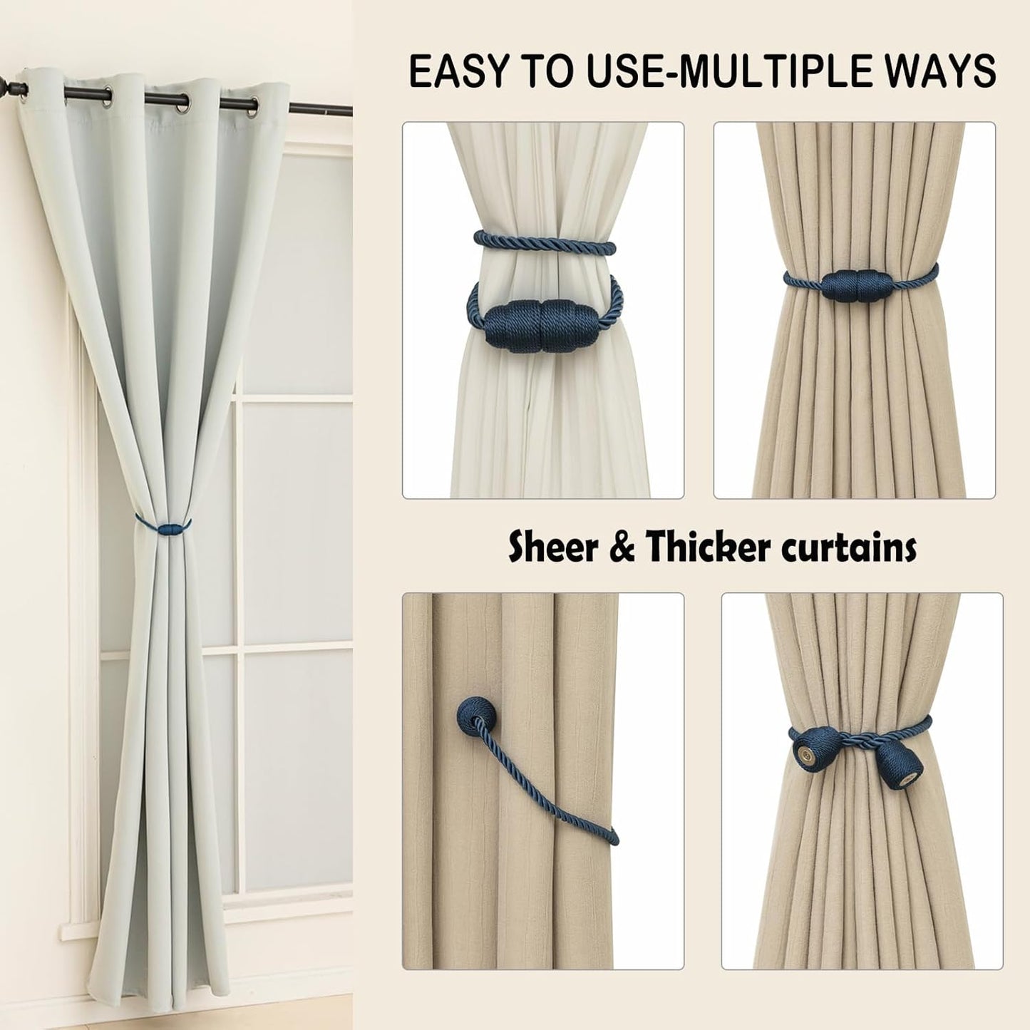Magnetic Curtain Tiebacks Rope Curtain Tie Backs for Curtains 8 Pack Curtain Holders for Drapes Decorative Window Curtain Holdbacks, Blue