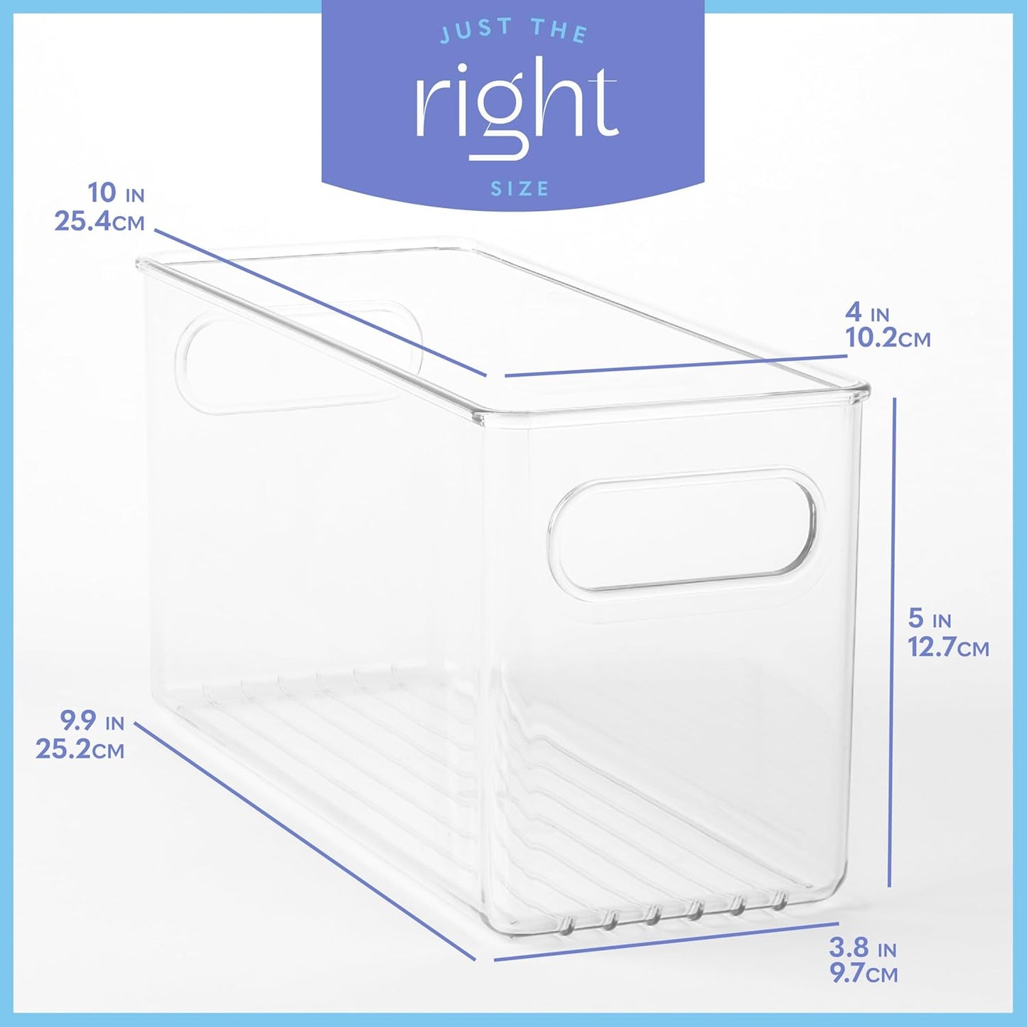 Plastic Food Storage 4 Pack Clear Container Bin with Handles for Organizing Kitchen, Pantry, Refrigerator, Freezer, Pantry, Cabinet, Closet, Bathroom. 10”x4”x5”