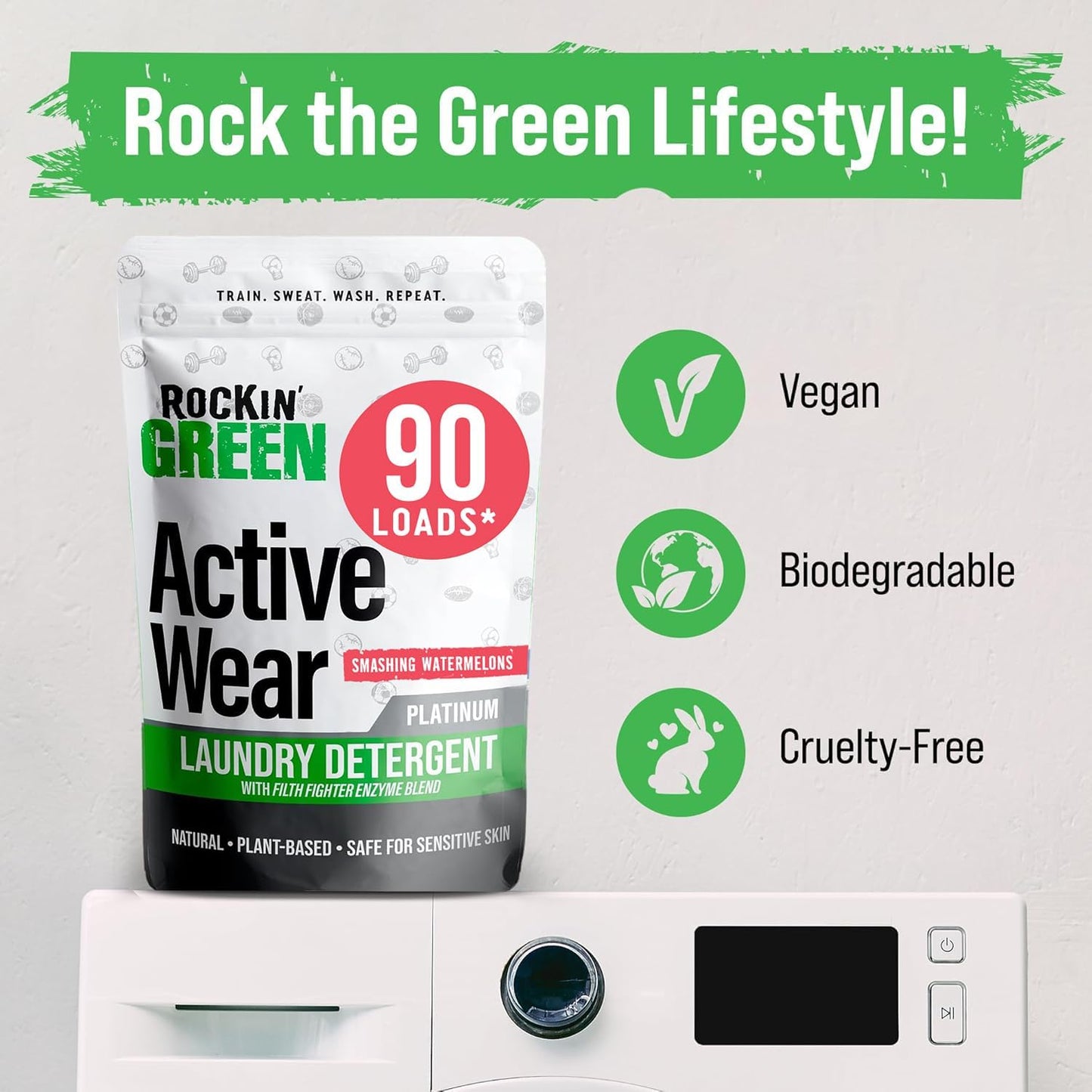 Rockin' Green Laundry Detergent, Plant based, All Natural Laundry Detergent Powder, Vegan and Biodegradable Odor Fighter, Safe for Sensitive Skin (Active Wear 90 Loads - Smashing Watermelons)