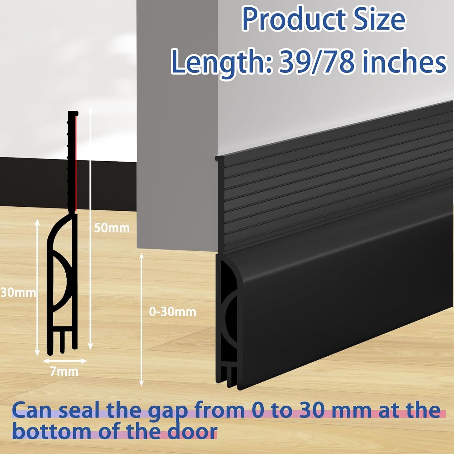 Under Door Draft Stopper, Self-Adhesive Door Sweep for Bottom of Door, Weather Stripping Doors Seal Soundproofing Insulation Strip, Doors Bottom Gap Blocker for Exterior/Interior (1M, Black)