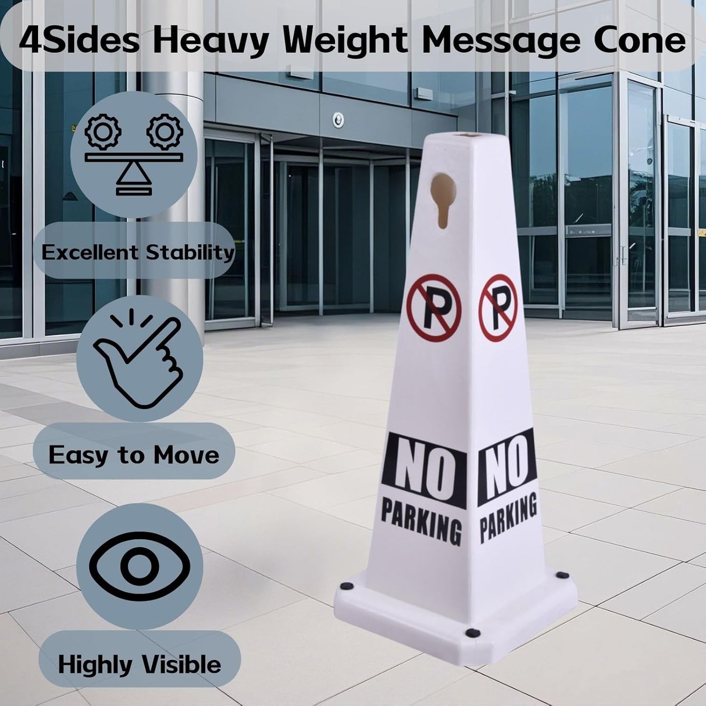 8-Pack 26.5" Caution Cones, 4-Sided Visible Safety Signs with Heavy Rubber Base, Warning for Slip & Fall Prevention, Indoor/Outdoor Use (White, 8Pcs-No Parking)