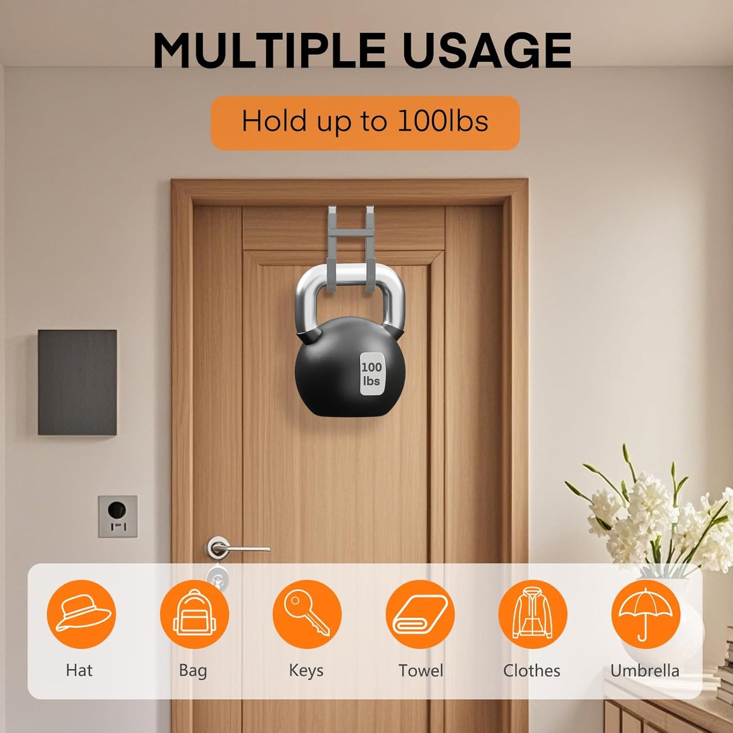 FYY Over The Door Hooks - 2 Pack Heavy Duty Dual-Hook Organizer Hanger with Non-Slip Rubber for Towels, Clothes, Hats & Bags Use in Bathroom, Bedroom, Kitchen - Fits Interior Doors Up to 1 3/8" Grey