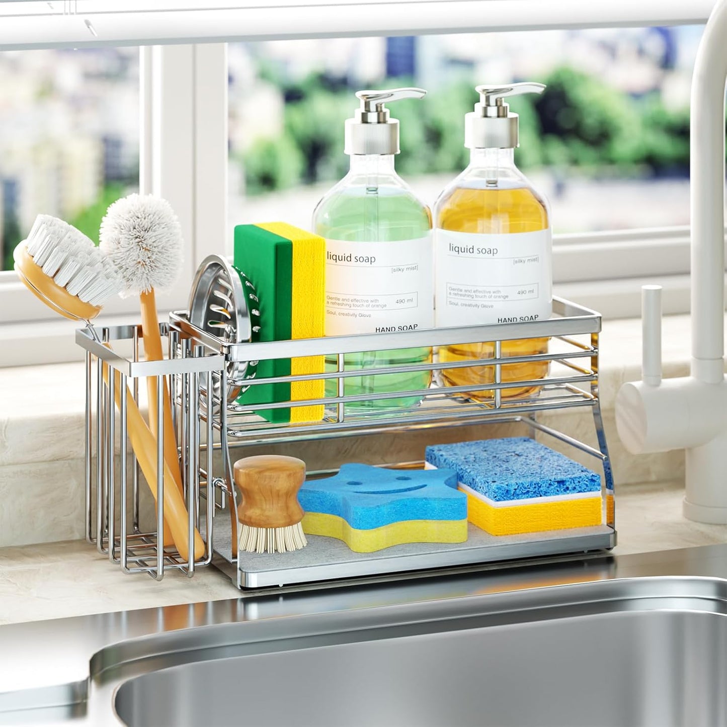 SWTYMIKI Kitchen Sink Caddy Organizer, 2 Tier Sponge Holder for Kitchen Sink with Instant Drying Stone, Removable Brush Holder for Fast Drying on Countertop, Silver