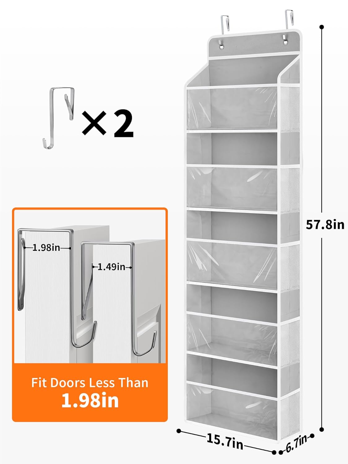 JARLINK Toy Stuffed Animal Storage, Over The Door Organizer W/Clear View Windows, 44lb Load, Baby Toy Storage Organizer for Nursery, Kid Bedroom, Newborn Baby Essentials (Light Grey)