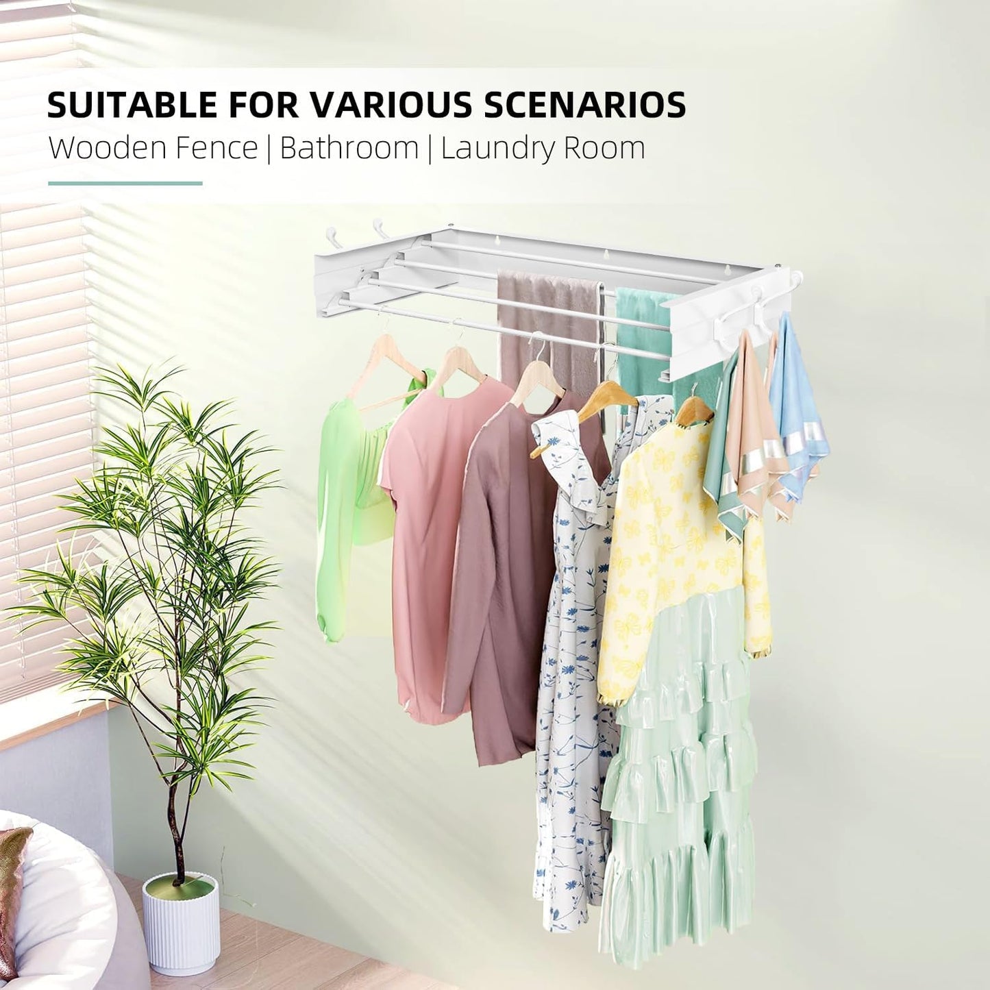 Laundry Drying Rack, Collapsible Wall Mounted Clothes Drying Rack - Foldable,Space Saving, 13.2 Linear Ft, 4 Aluminum Rods, 60 lb Capacity (White, 23.6" Wide)