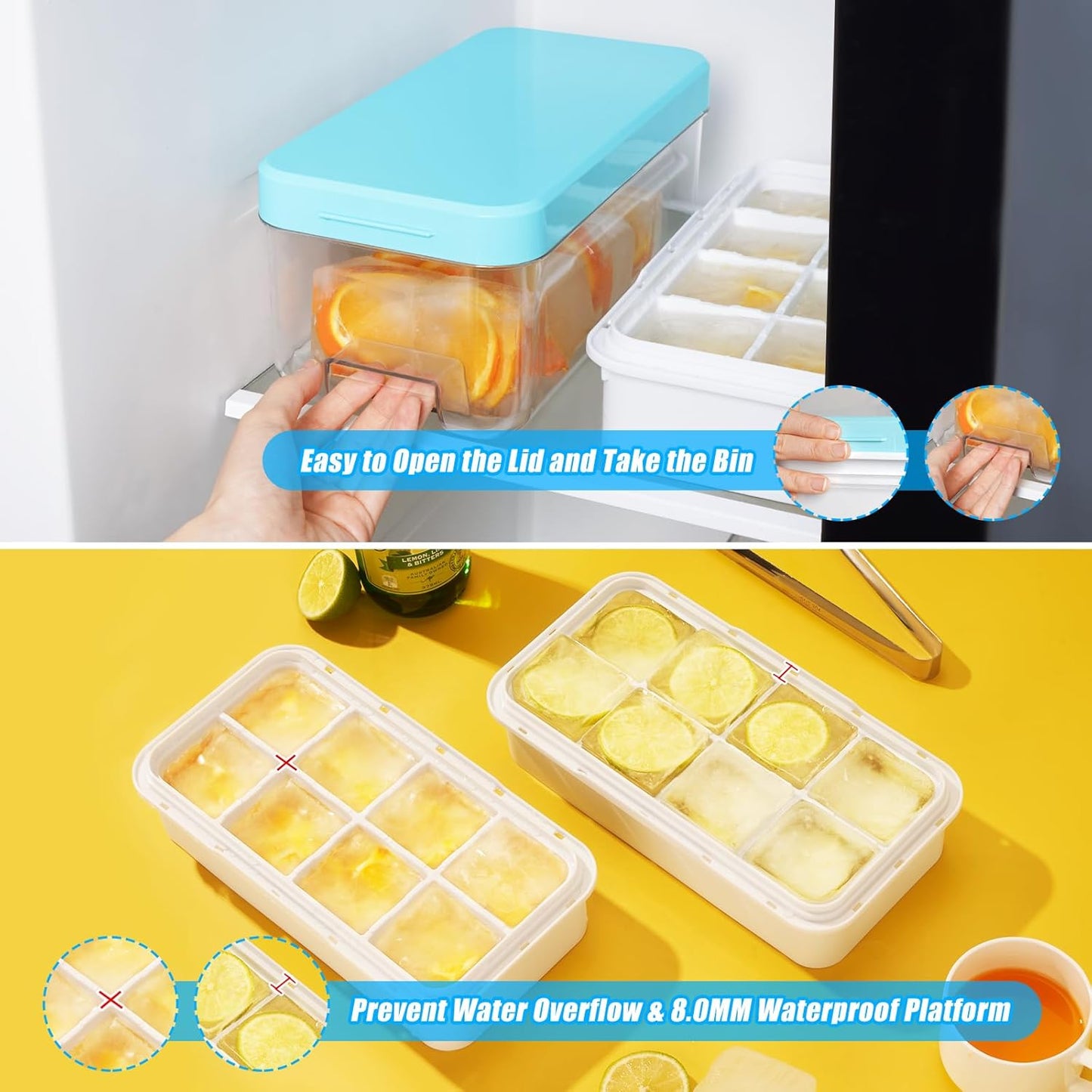 PHINOX Large Ice Cube Tray with Lid and Bin, Ice Trays for Freezer, 2 INCH Whiskey Ice Cubes Mold, 2*8 pcs Square Ice Cube Mold with Tong, Easy to Release, Large Ice Tray for Whiskey Cocktail Bourbon