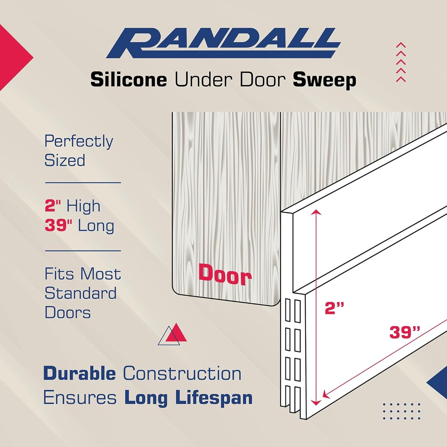 Adhesive Backed Door Draft Stopper – Silicone Under Door Sweep for Interior & Exterior Doors, Noise & Air Insulation, Self Stick Weather Stripping Door Seal, 2" W x 39" L (White) by Randall Mfg