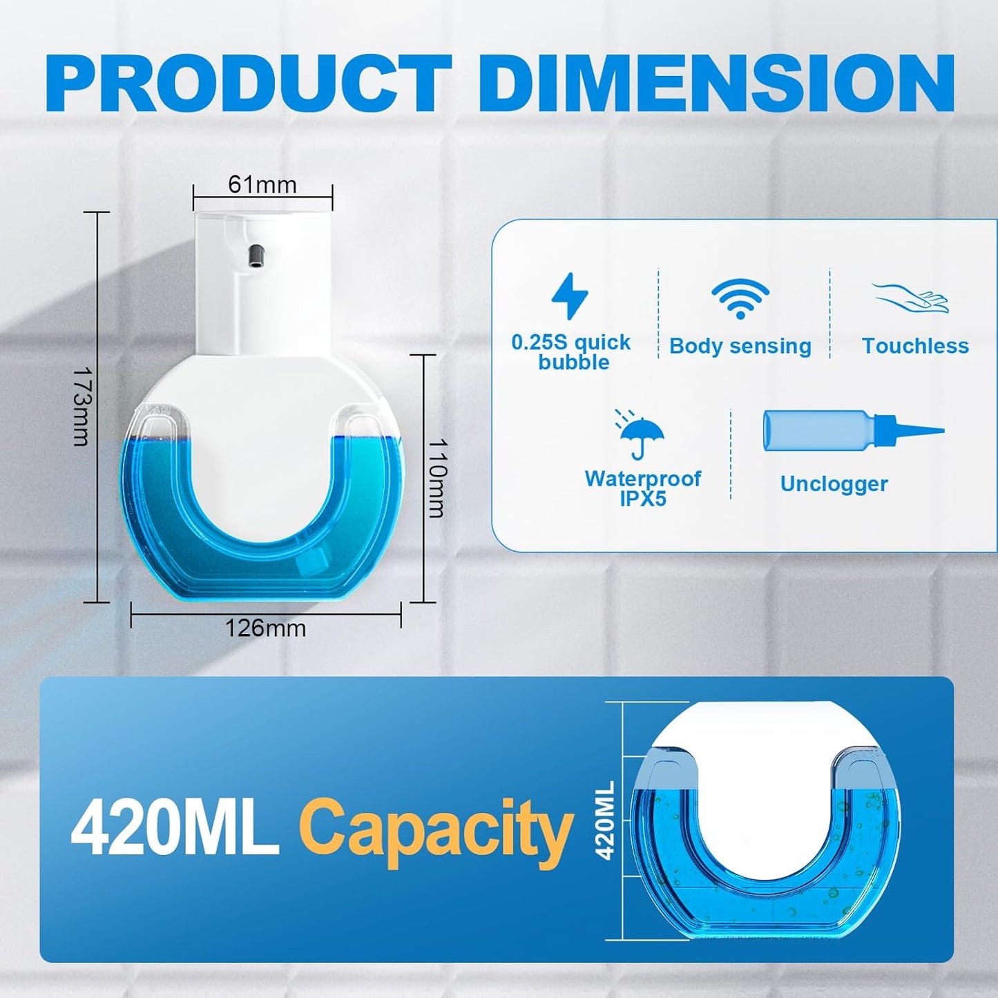 Automatic Foaming Soap Dispenser 15oz/420ml Foaming Hand Sanitizer Touchless Wall Mount with 4levels Adjustable Free Touch Electric Soap Dispenser Rechargeable with Sensor