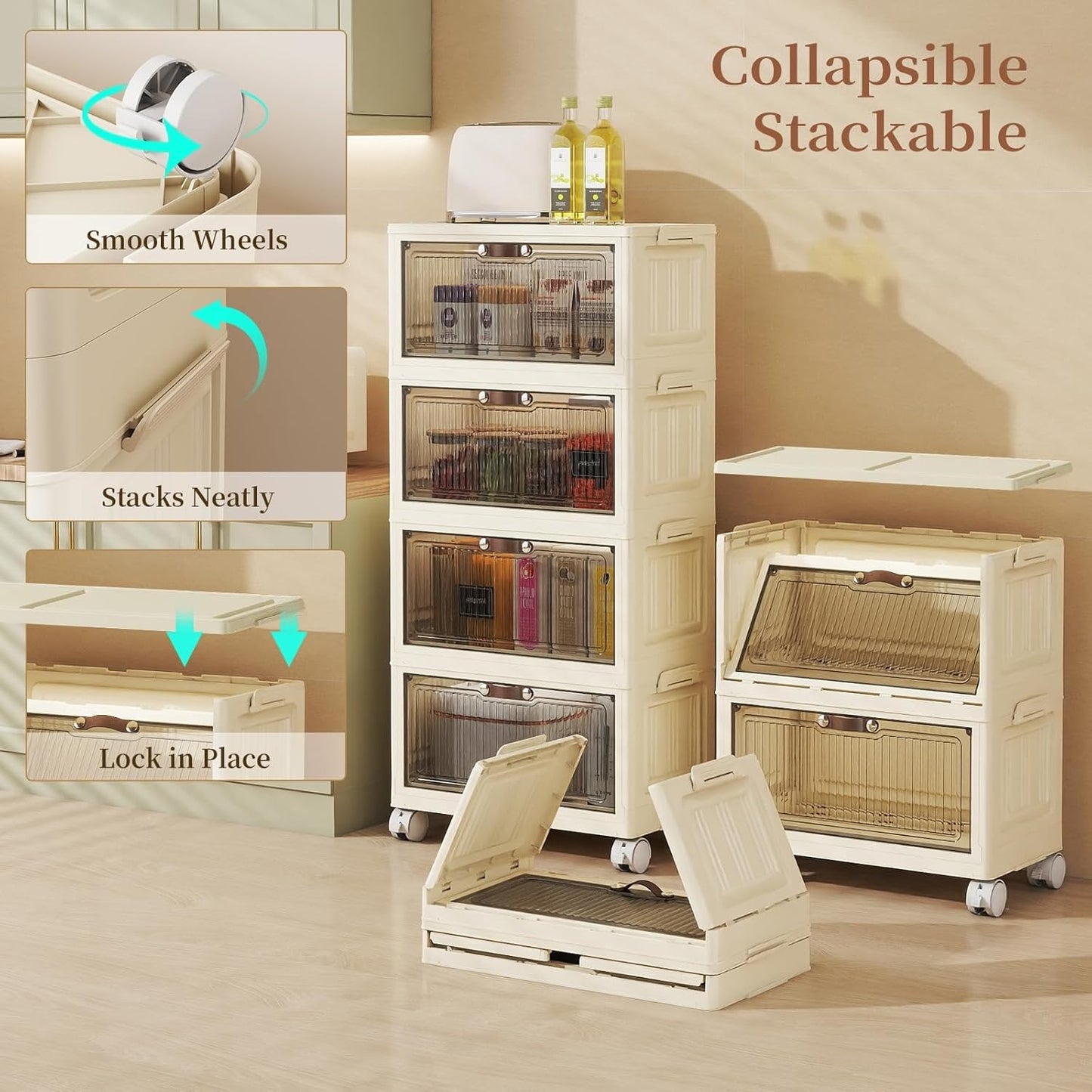 4 Tier - 48QT Storage Bins with Lids, Collapsible Storage Bins with Doors and Wheels, Plastic Storage Cabinet for Easy Storage and Organization for Living Room, Office