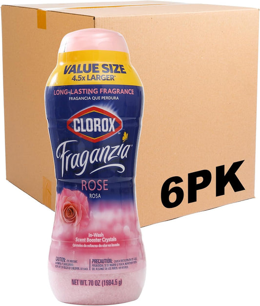 Clorox Fraganzia Laundry Scent Booster Crystals in Rose Scent - Scented In-Wash Freshener Beads for Fresh, Clean, Great Smelling Clothes and Linens, 70 Oz - 6 Pack