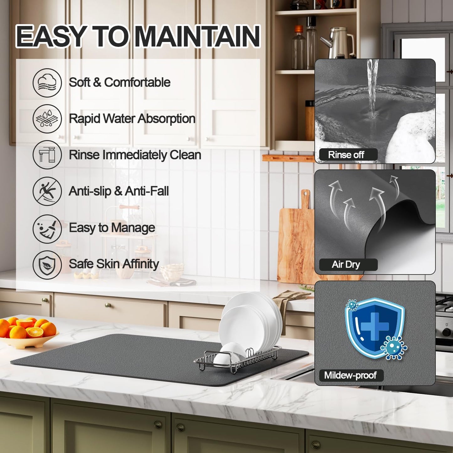 Dish Drying Mat for Kitchen Counter | Coffee Bar Mat for Countertops | Heat Resistant Drainer Mat with Non-slip Rubber Backed | Hide Stain Kitchen Absorbent Draining Mat | Dark Grey 18"x28"