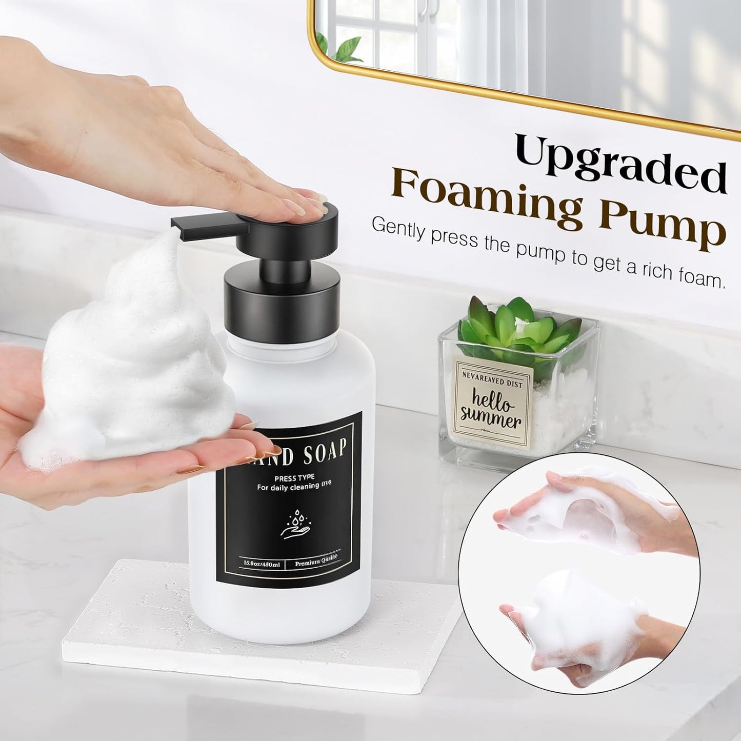 Luxspire Foaming Soap Dispenser, Glass Foam Pump Soap Dispenser, Non-Slip Hand Soap Container with 5 Waterproof Labels, 15 Oz Refillable Liquid Soap Holder for Bathroom & Kitchen, White, 1 Pack