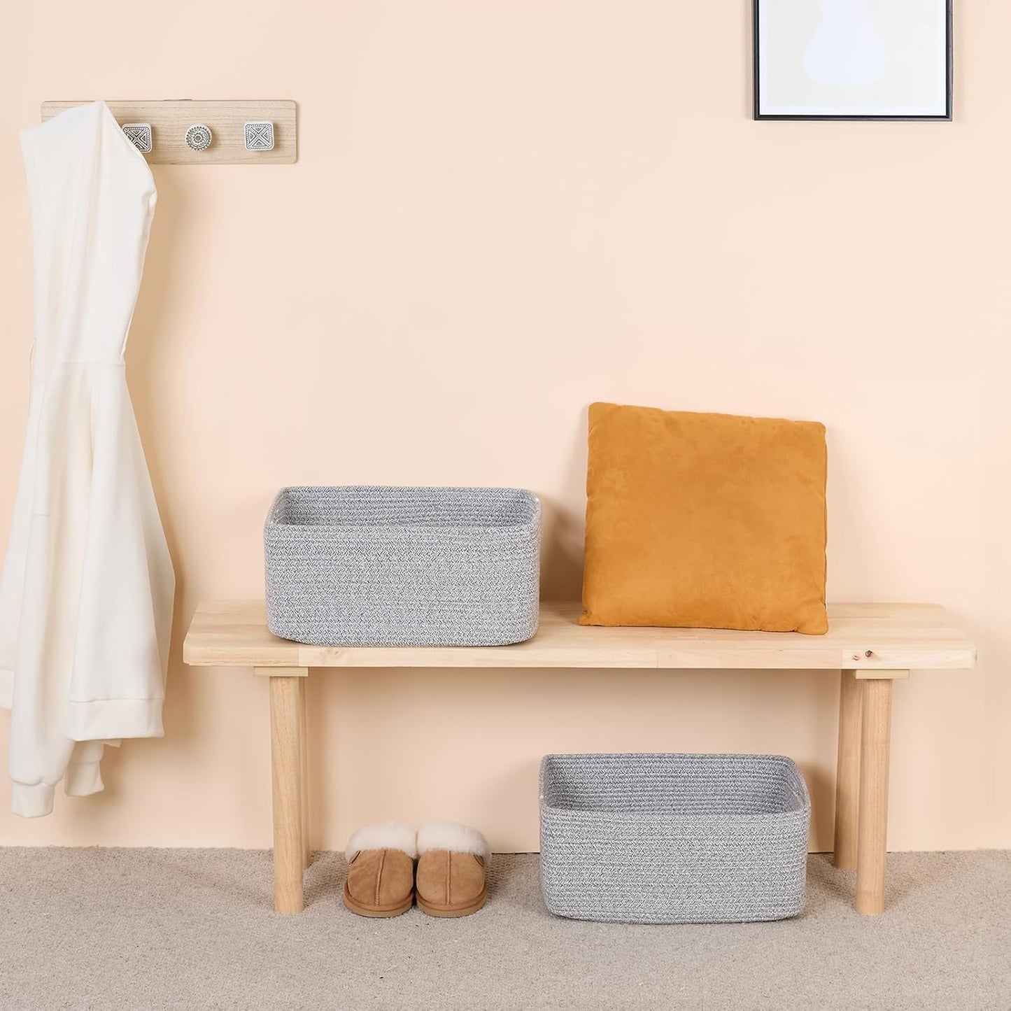 Large Storage Baskets for Organizing, Closet Shelf Baskets for Clothes Blanket Towels, Baby Nursery, Toy Bins Box, Woven Rope Baskets, 17 x 13 x 7.5”, 4 Packs Mixed Grey