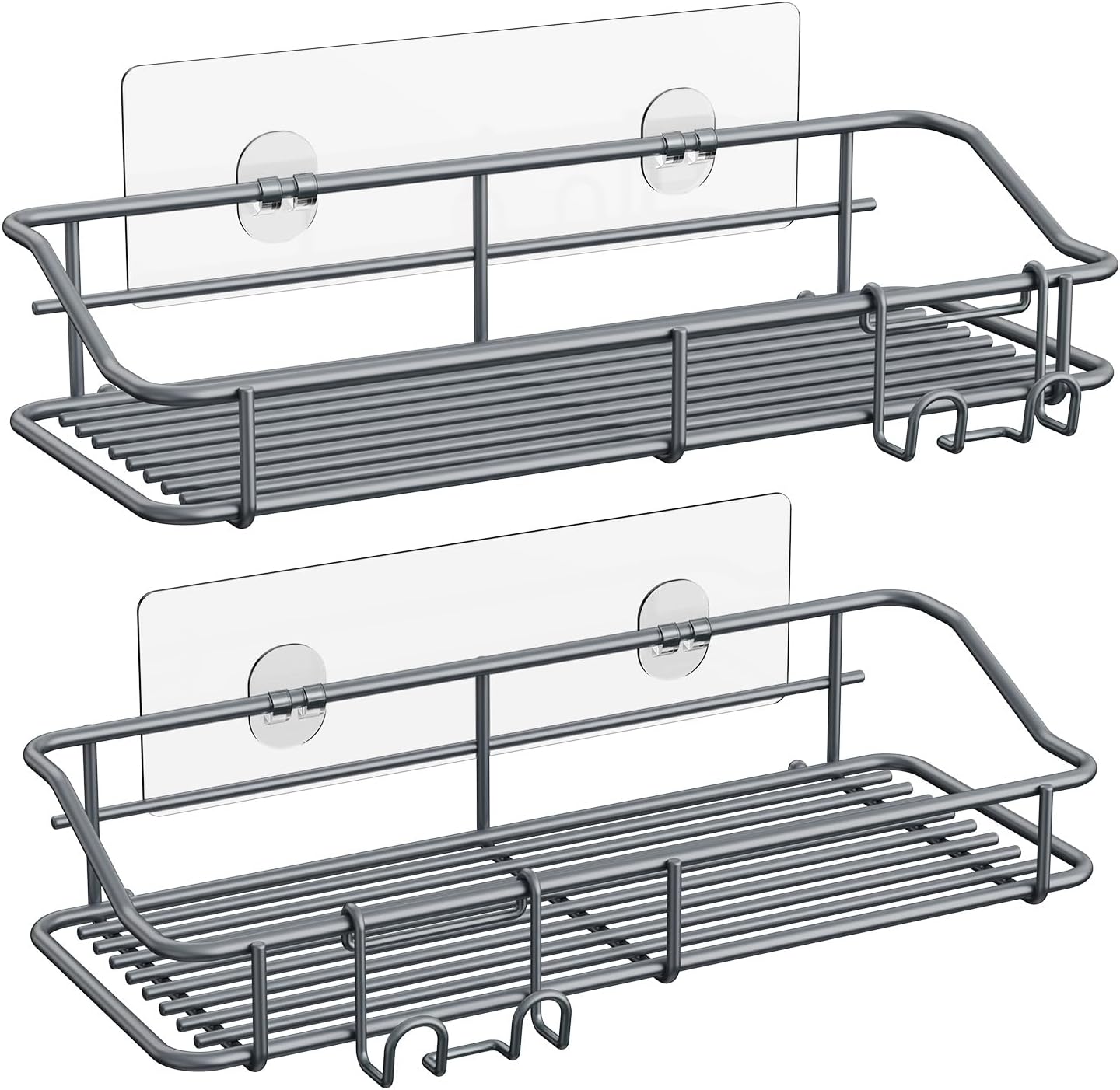 Nieifi Shower Caddy Shelf with Hooks Storage Rack Organizer Adhesive Stainless Steel Without Drilling for Bathroom, Lavatory, Washroom, Restroom, Shower, Toilet, Kitchen - 2 Pack (Gray)