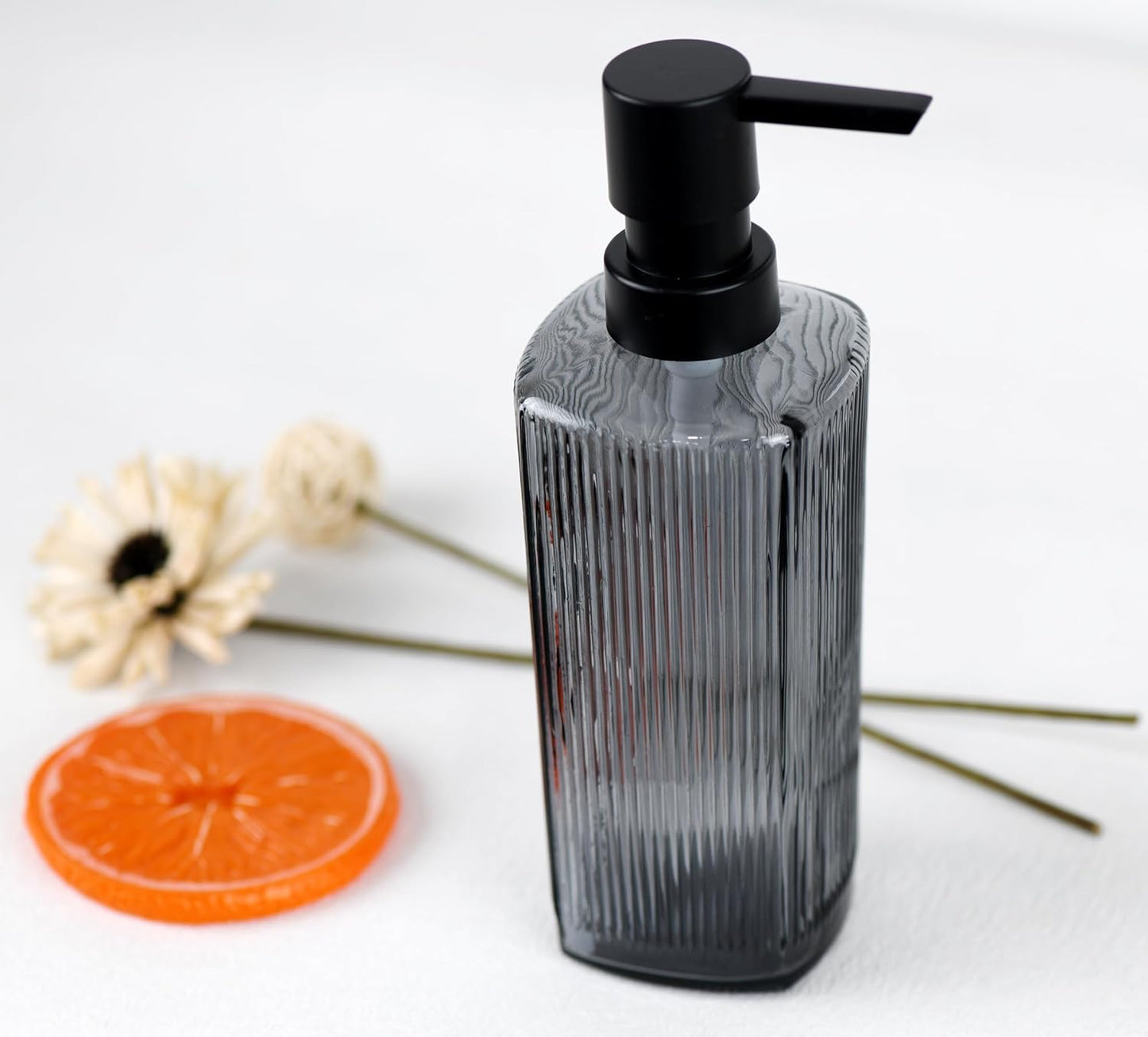 12 oz Glass Soap Dispenser with Vertical Stripe with Black Plastic Rustproof Pump, Small Refillable Soap Dispenser for Kitchen and Bathroom (Grey)