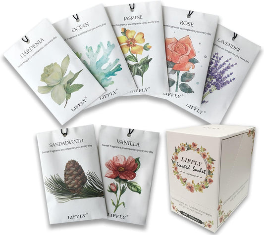 14 Packs Scented Sachets for Drawers and Closets Lavender, Rose, Jasmine, Ocean, Vanilla, Sandalwood, Gardenia 7 Scent Gift Box
