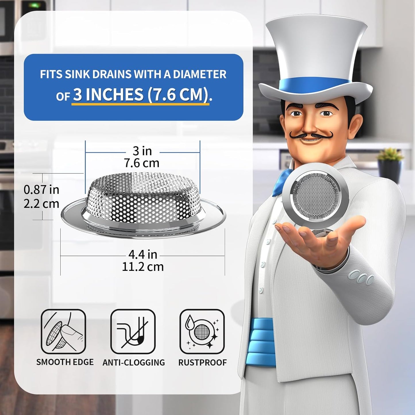 MR.SIGA Kitchen Sink Strainer, Stainless Steel Sink Drain Strainer, Dishwasher Safe, Outer Diameter 4.4 inch/11.2cm, Inner Diameter 3 inch/7.6cm, Pack of 3