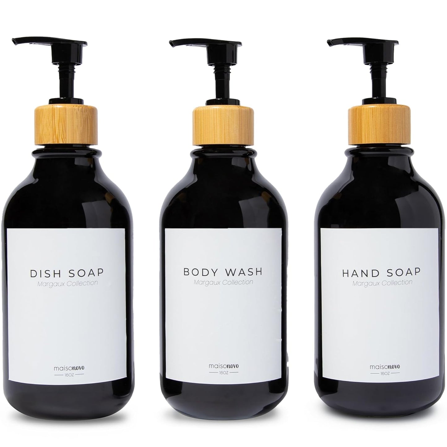 MaisoNovo Refillable Shampoo and Conditioner Bottles | 16.9 fl oz Set of 3 Black Plastic Bottles Black Bamboo Pumps