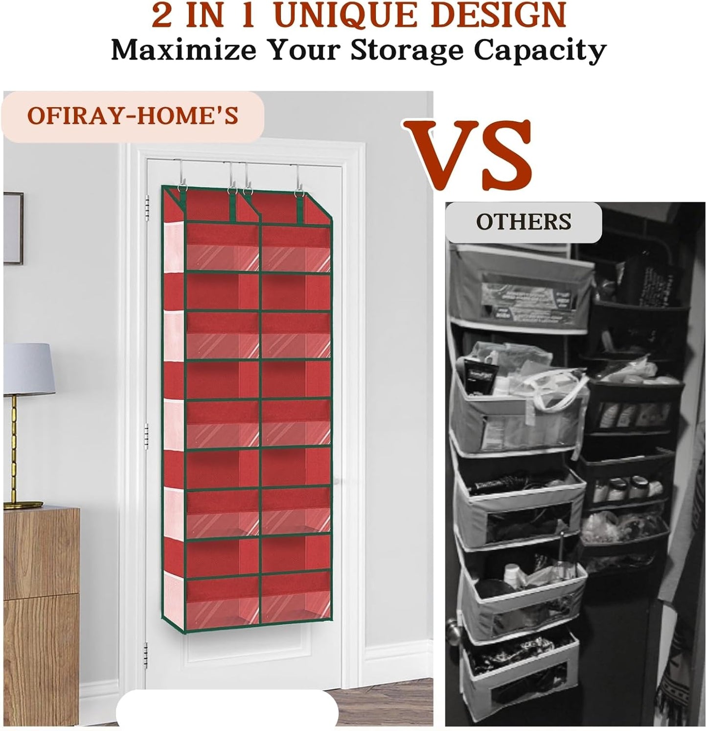 Over The Door Organizer 5 Tiers, Extra Large Behind Door Storage of 10 Compartments, 80 lbs Weight Capacity Hanging Storage Organizer with Clear Window Kids Toys,Shoes,Diapers,Room Storage, Red