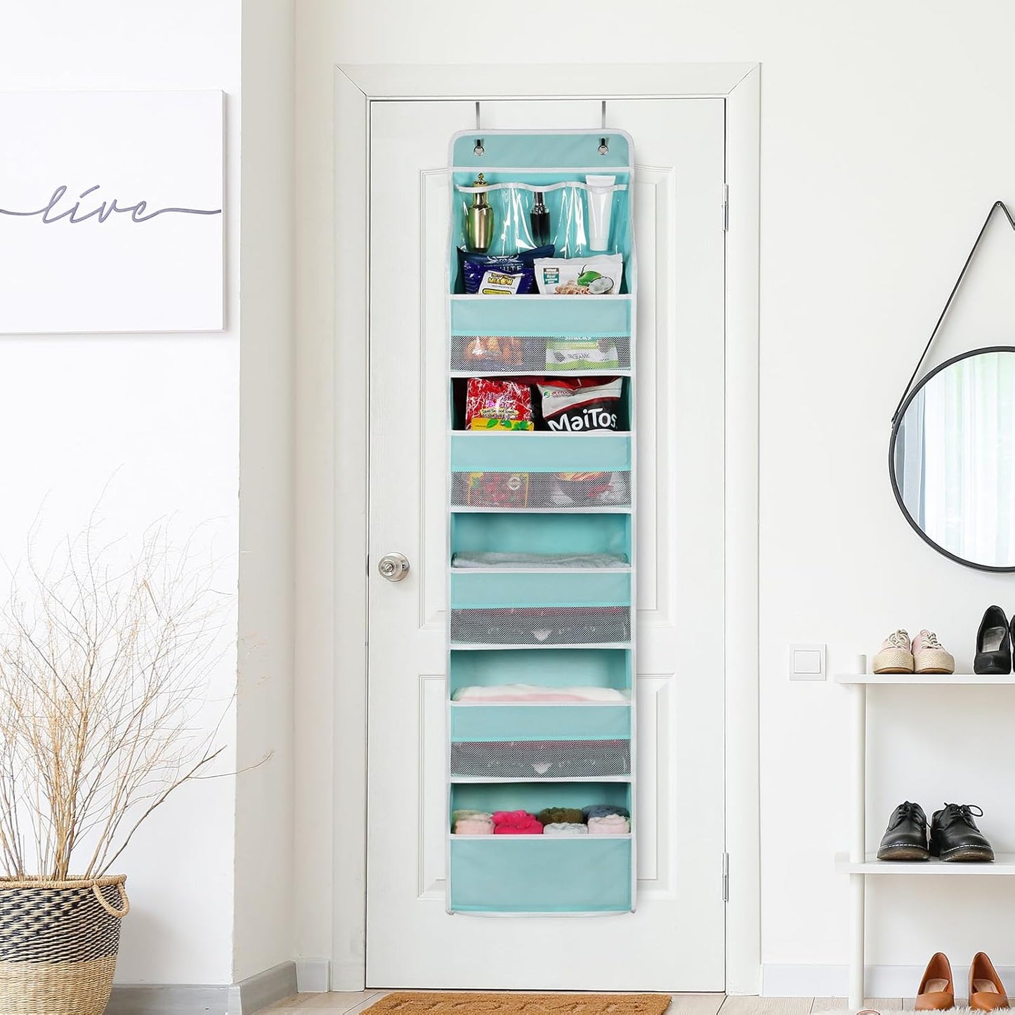 Univivi 6-Shelf Over Door Hanging Organizer Fabric Baby Door Storage with 5 Large Pockets and 3 Small PVC Pockets Wall Mount Hanging Storage Organizers for Baby Essential (Blue)