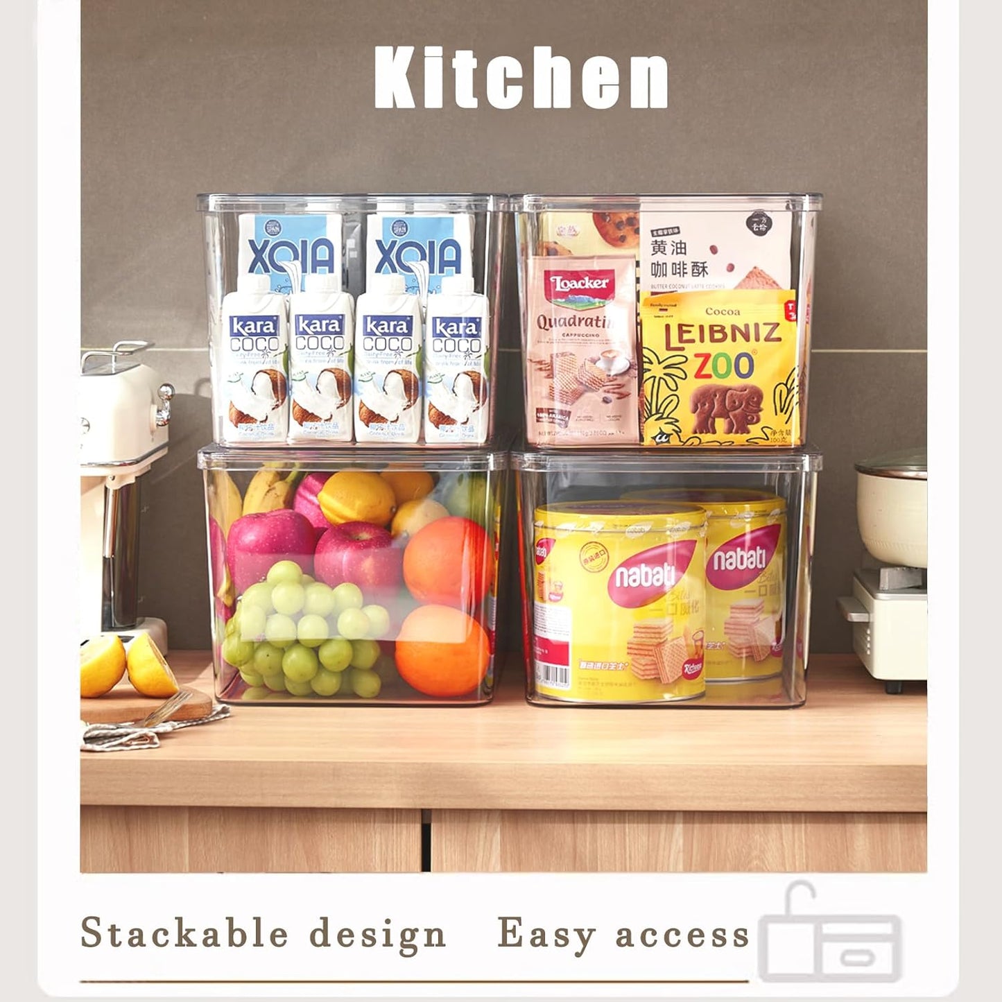 Clear plastic storage bins with LIDS-4packs,storage containers for snacks, cosmetics, books, dog food, Storage Organizer for Nursery，Kitchen, Living room,Bedroom, Bathroom, Office