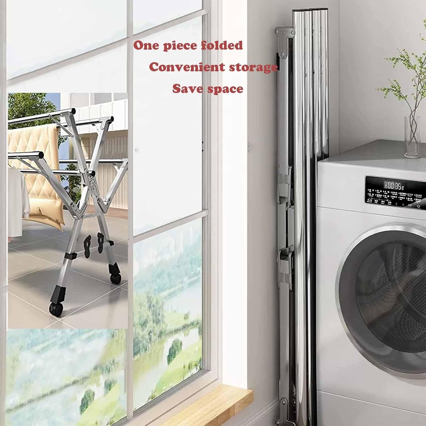 5Poles Clothes Drying Rack,Stainless Steel Laundry Rack with Wheels, Blanket Rack Clothesline, Extendable,with Windproof Hooks,for Indoor Outdoor