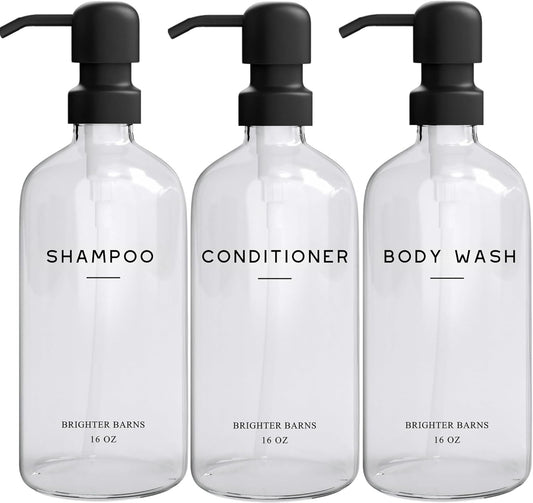 Clear Shampoo and Conditioner Dispenser Set by Brighter Barns - Body Wash, Shampoo Dispenser for Shower with Pump - Refillable Plastic Shower Bottles for Bathroom Decor in Home, Airbnb, Hotel (Clear)