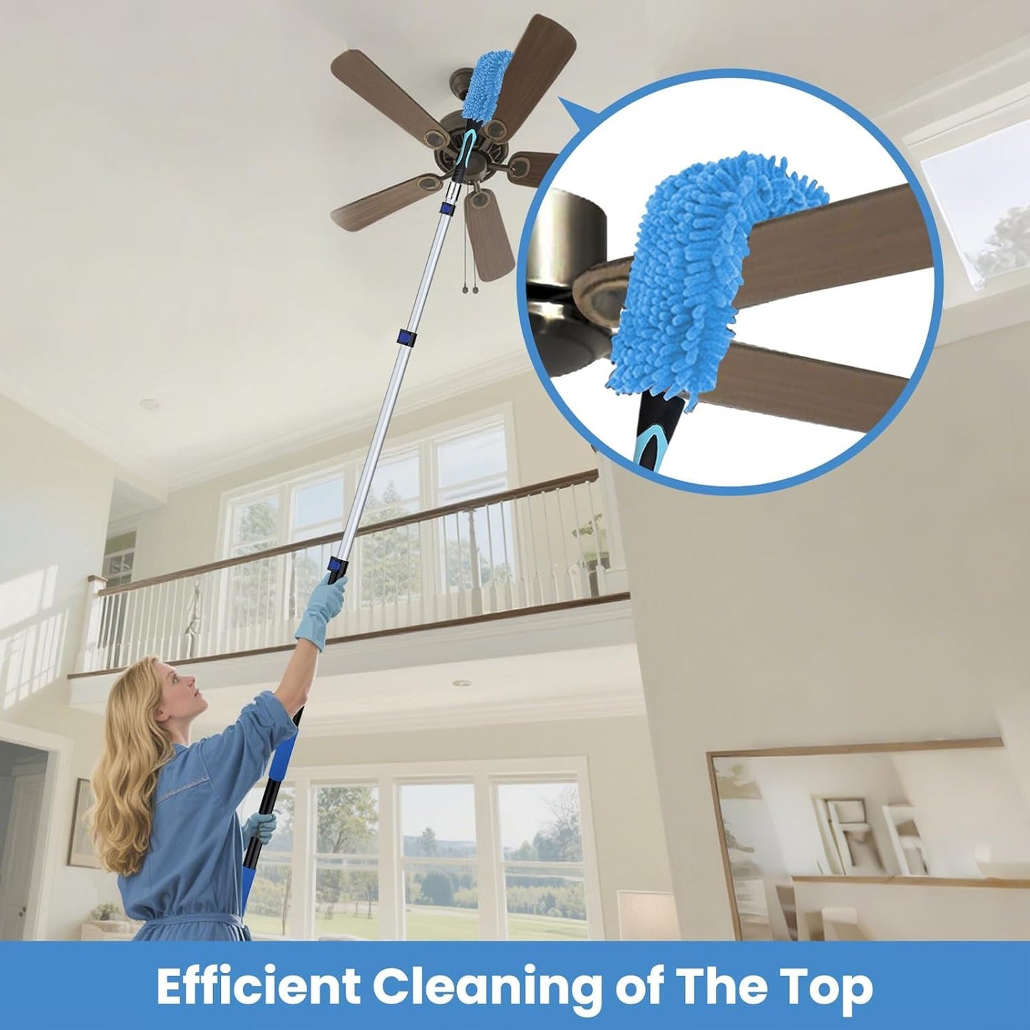 36ft High Ceiling Duster Kits with 5-30ft Heavy Duty Extension Pole - Fan Blade Cleaner, Cobweb Remover & Blue Window Squeegee Kit, Washable Dust Brush for High Roof and Glass Surfaces