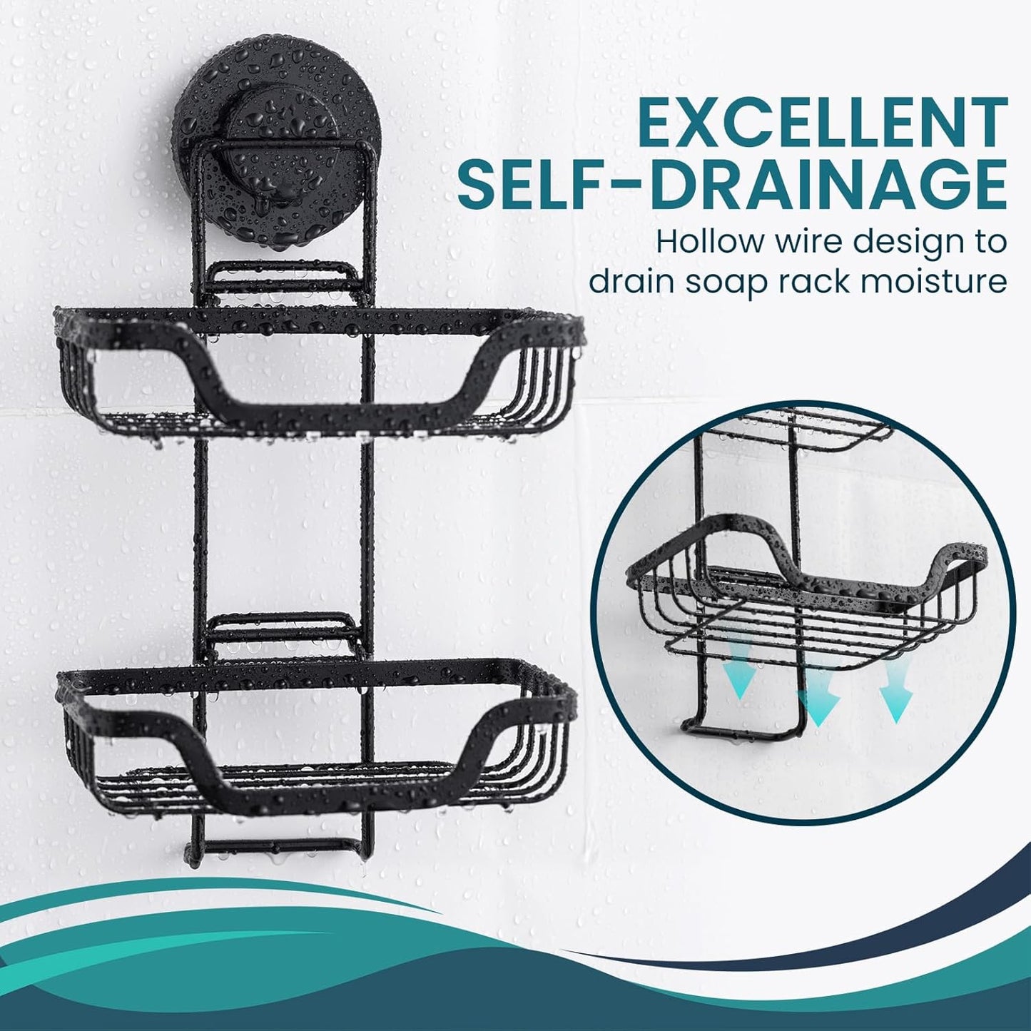 TAILI Double Layer Soap Dish Holder, Bar Soap Tray Suction Cup for Shower Wall, Draining for Bathroom, Rustproof Stainless Steel Sponge Holder for Tub, Kitchen, Drill-Free, Black