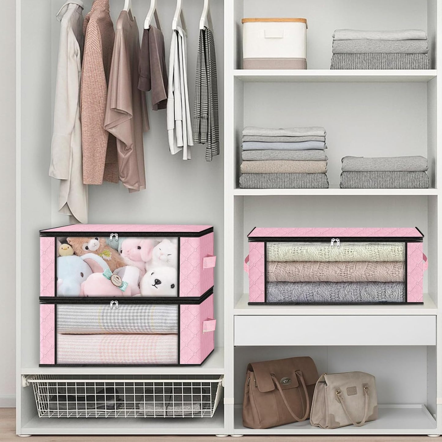 HomeHacks Storage 4-Pack Clothes Organizer Storage Bags Foldable Storage Box with Large Clear Window Sturdy Handles for Closet, Dorm, Pillows, Bedding, Clothes, Blankets, 35L, Pink