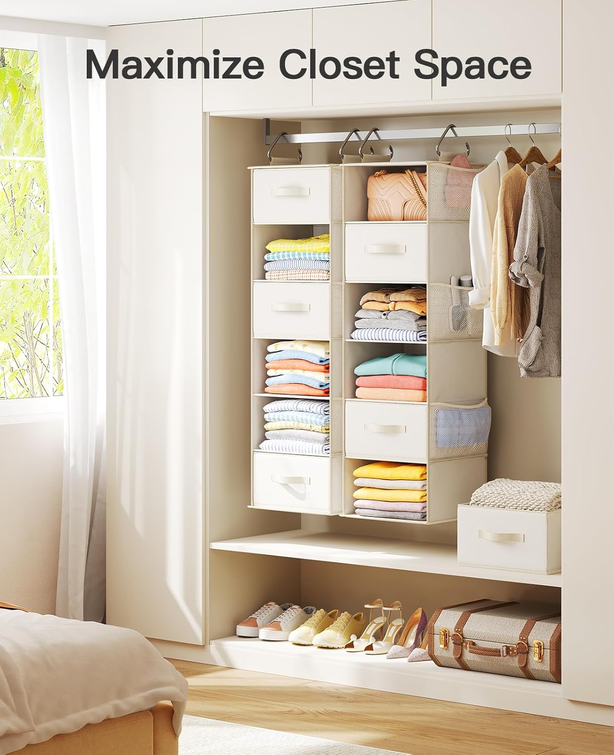 Pipishell Hanging Closet Organizer 6-Shelf, Hanging Shelves for Closet with 3 Removable Drawers & Side Pockets, Hanging Shelf Organizer for Bedroom or Garment Rack, 12'' x 12'' x 43.3'', White