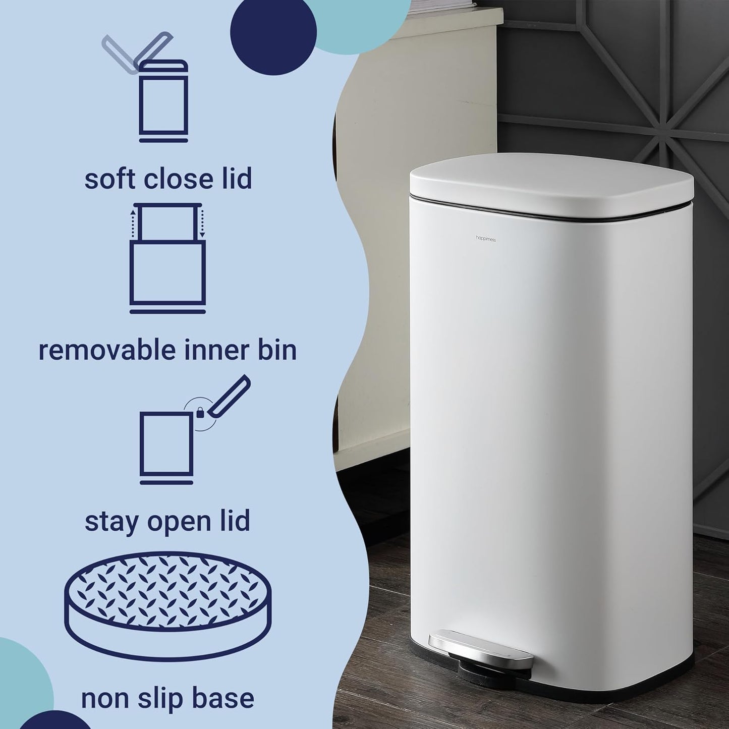 happimess HPM1011C Curtis 8-Gallon Step-Open Trash Can with Soft-Close Lid, Modern, Minimalistic, Fingerprint Proof for Home, Kitchen, Laundry Room, Office, Bedroom, Bathroom, White