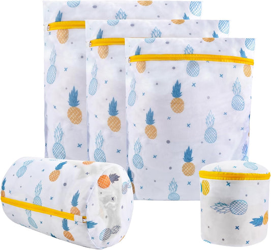Mesh Laundry Bag, Durable Laundry Bags with Premium Zipper, 5-Piece Washing Machine Wash Bags for Delicates Blouse, Hosiery, Baby Clothes, Travel Organization Bag (Pineapple)