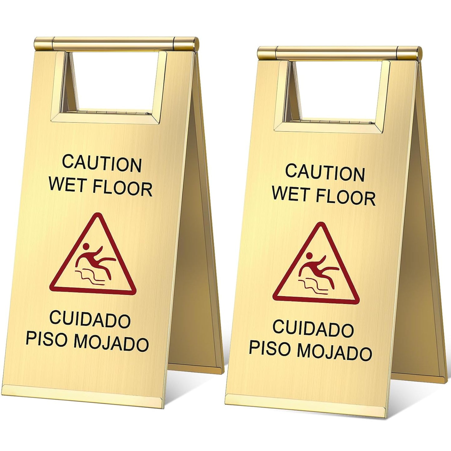 Kigley 2 Pcs Wet Floor Sign, 17 Inch Stainless Steel Caution Wet Floor Sign Double Sided Portable Foldable Bilingual Safety Warning for Hotel Market Restroom Restaurant Office (Gold)