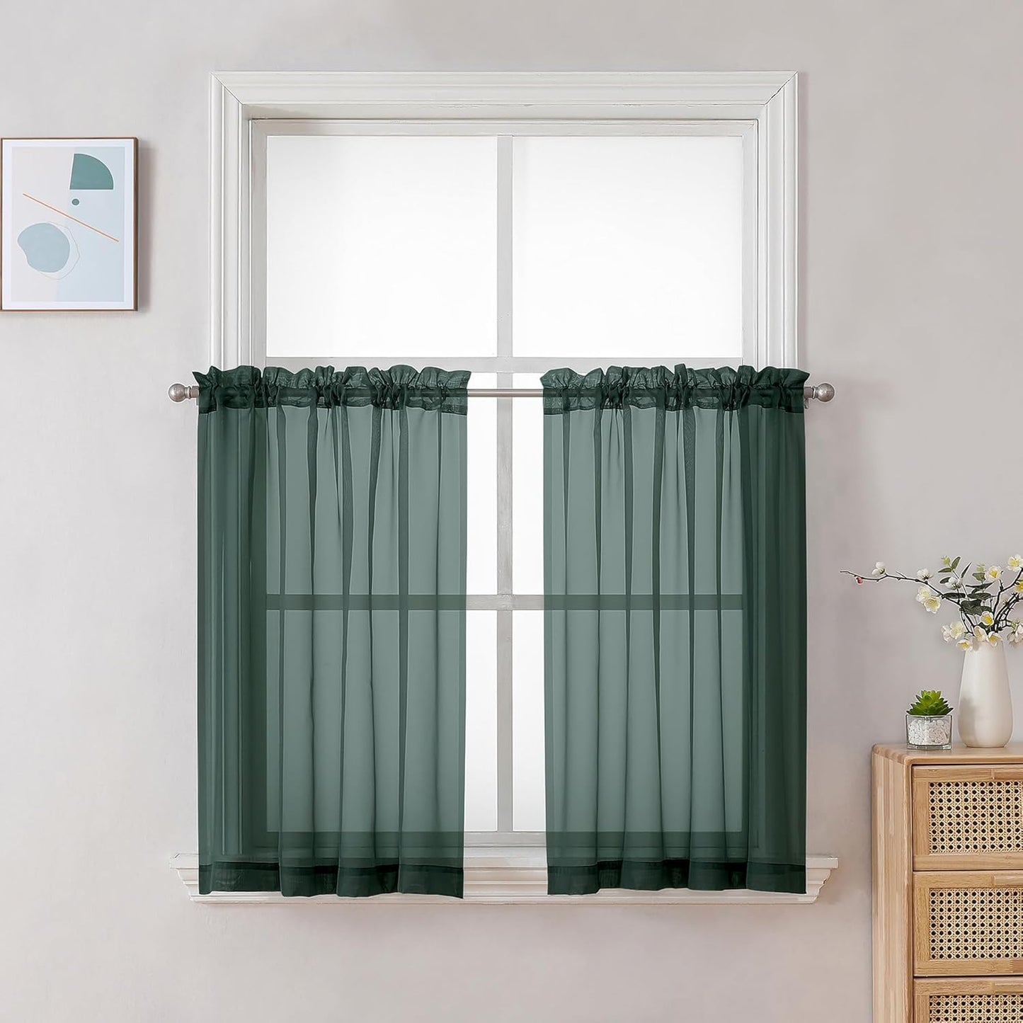 Chyhomenyc Hunter Green Sheer Curtains 36 inch Length 2 Panels, Light Filtering Voile Rod Pocket Short Window Curtians for Bathroom Living Room Farmhouse Small Windows, 42Wx36L inches