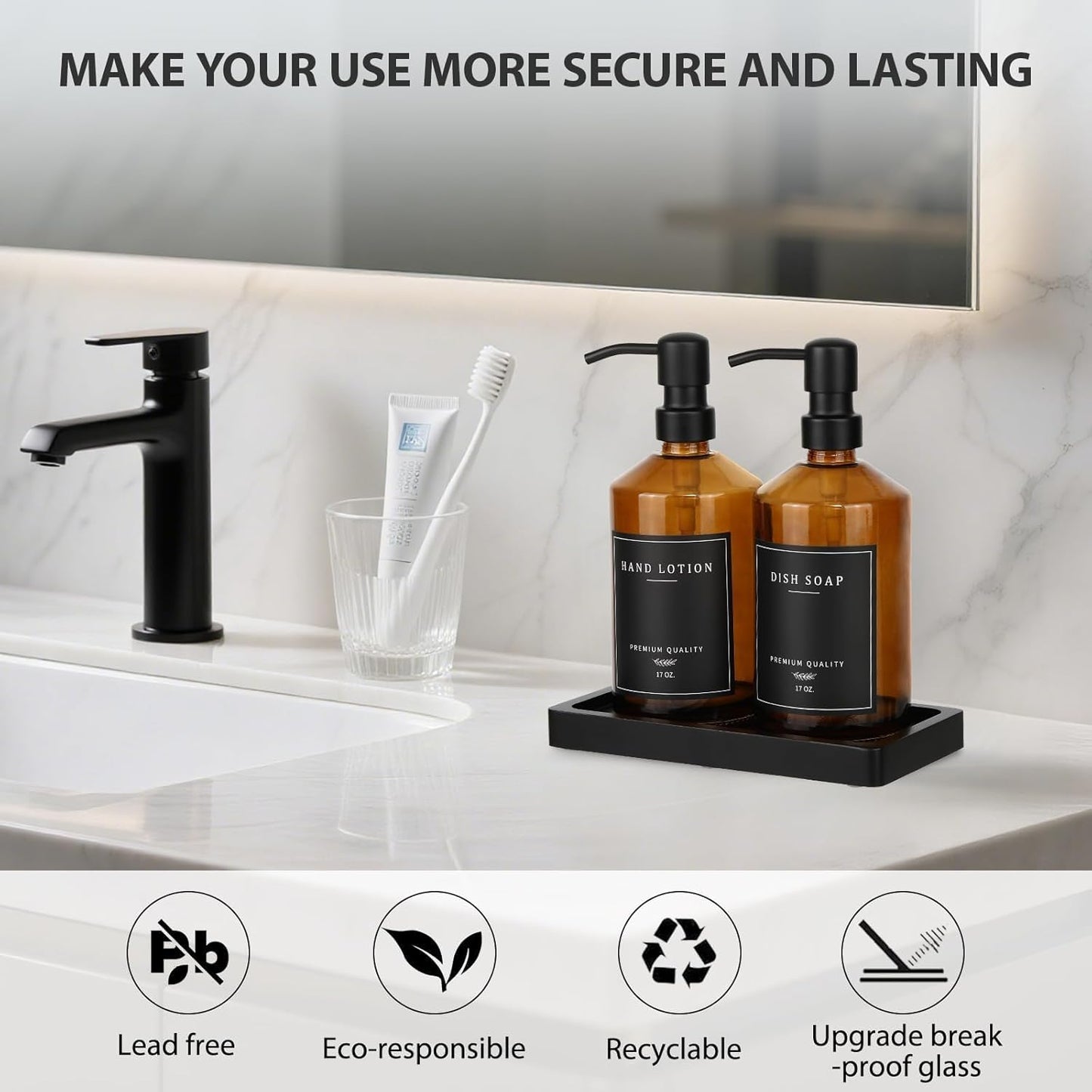 Amber Glass Soap Dispenser, Bathroom Hand Soap Dispensers with Stainless Pump, 17 Oz Kitchen Hand and Dish Soap Dispenser Set, Modern Liquid Soap Lotion Dispenser (Amber Bottle/Black Pump)
