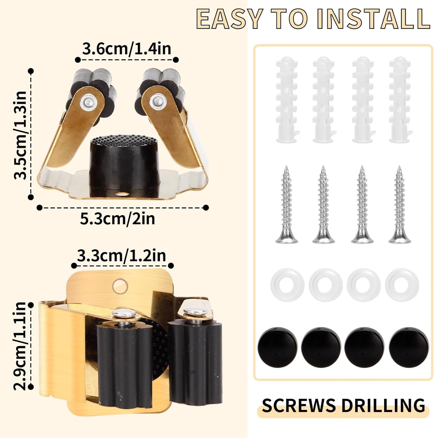 4pcs Anti-Slip Broom and Mop Holder,Wall Mounted Utility Rack with Screws,Stainless Steel Heavy Duty Mop and Broom Hanger,Space-Saving for Kitchen,Home,Bathroom,Garden,Garage Storage.Gold