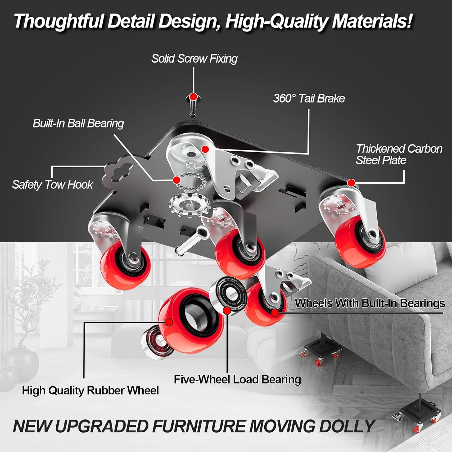 Furniture Dolly 5 Wheels Heavy Duty with Removable Side Guards,3307 Lbs Capacity,360° Rotating Wheels & Tail Brake,Furniture Movers Lifter Tool with Wheels for Appliances,Sofas,Beds,Pianos