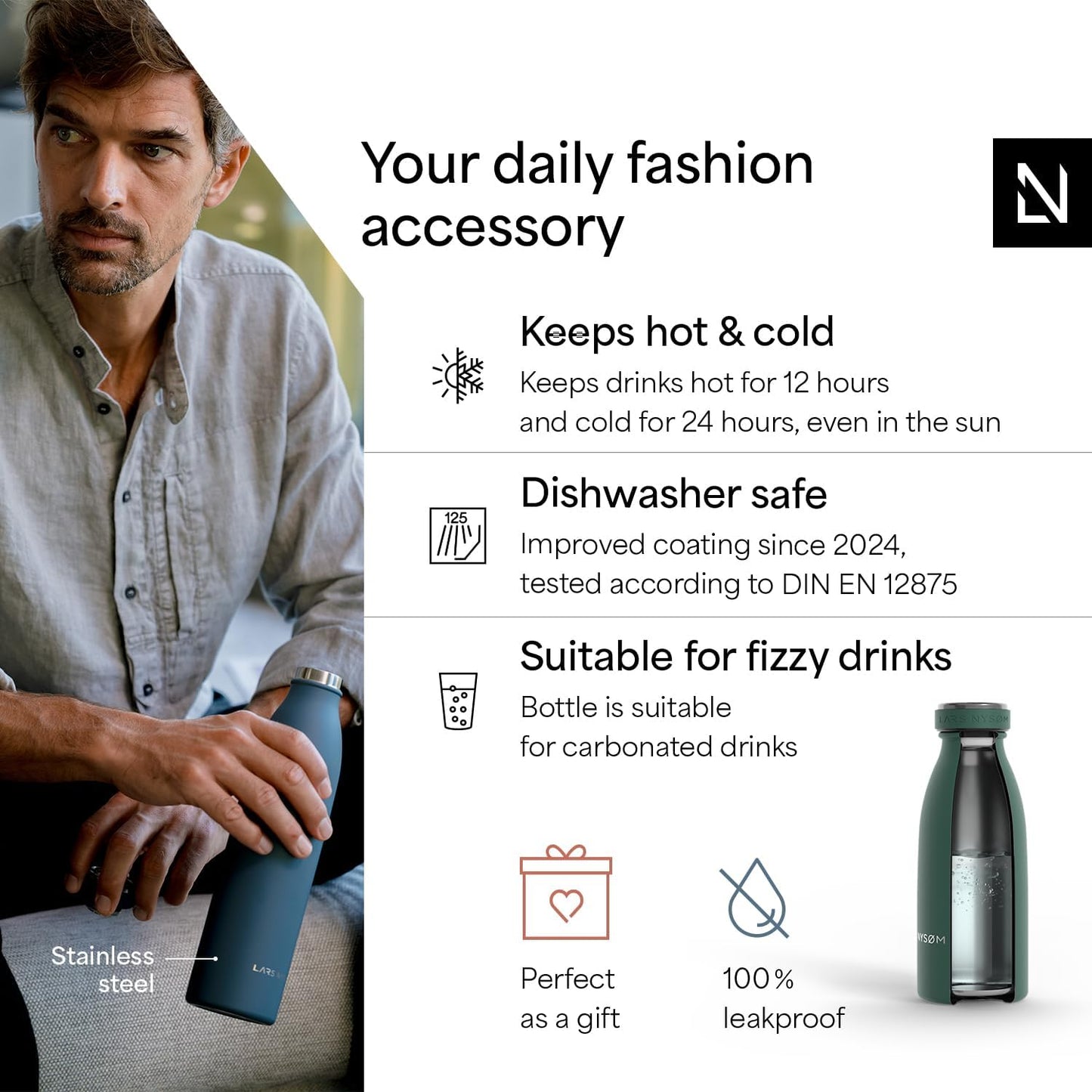 LARS NYSØM Stainless Steel Insulated Water Bottle 12oz 17oz 25oz 34oz 51oz | Insulated Thermo Flask for Hot and Cold Beverages | Leakproof Drinking Bottle (Pine Green, 11.9oz)