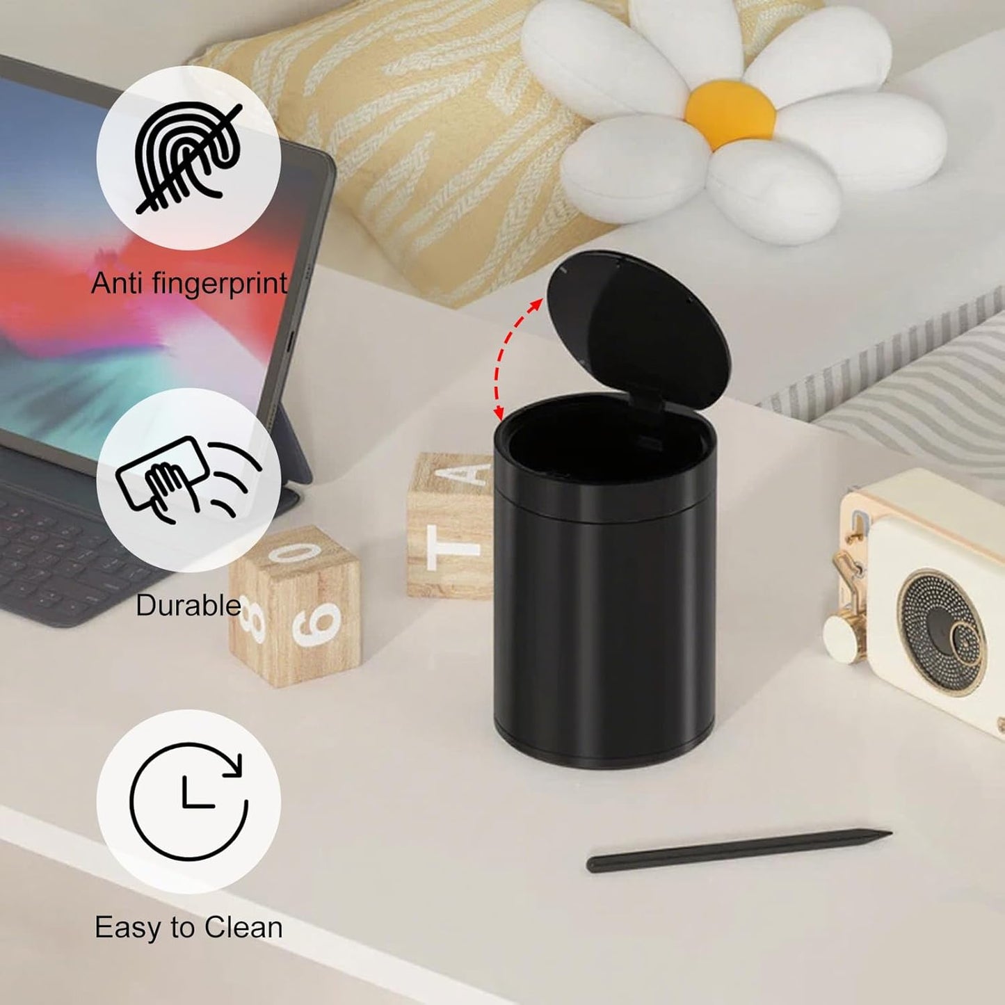 Mini Trash Can for Desk with Pop Up Lid,1.5L Tiny Trash Can for Desk, 0.4 Gal Stainless Steel mini Desk Trash can with Lid，Small Counter Garbage Bin with 1 Roll Bags for Bathroom,Office(Black)