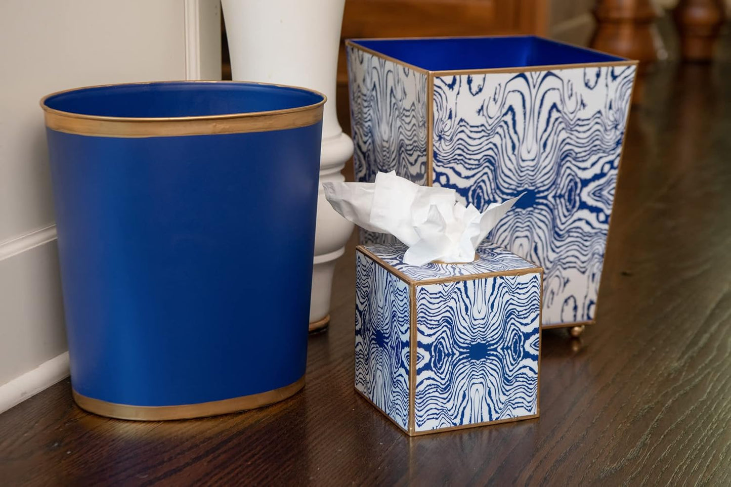 Jaye's Studio Decorative Waste Basket for Bathroom Trash Can Wastebasket, Oval Metal Trash Bin for Bedroom, Office, Blue Garbage Can for Dorm, Blue Trash Can Gold Office Decor, 12" x 10" x 8"