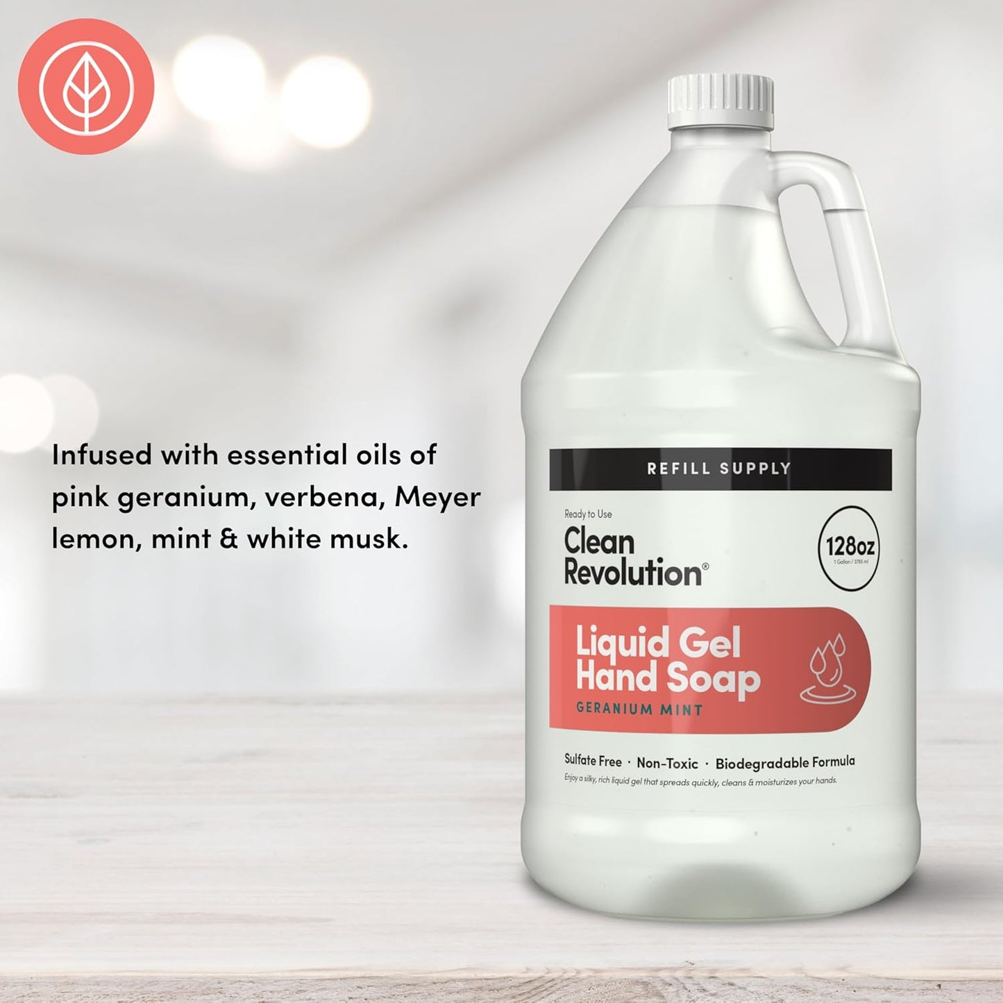 Clean Revolution Liquid Gel Hand Soap, Silky Rich Liquid, Quick Lather, Fast Rinsing, Contains Real Essential Oils (Geranium Mint) 128 Fl Oz