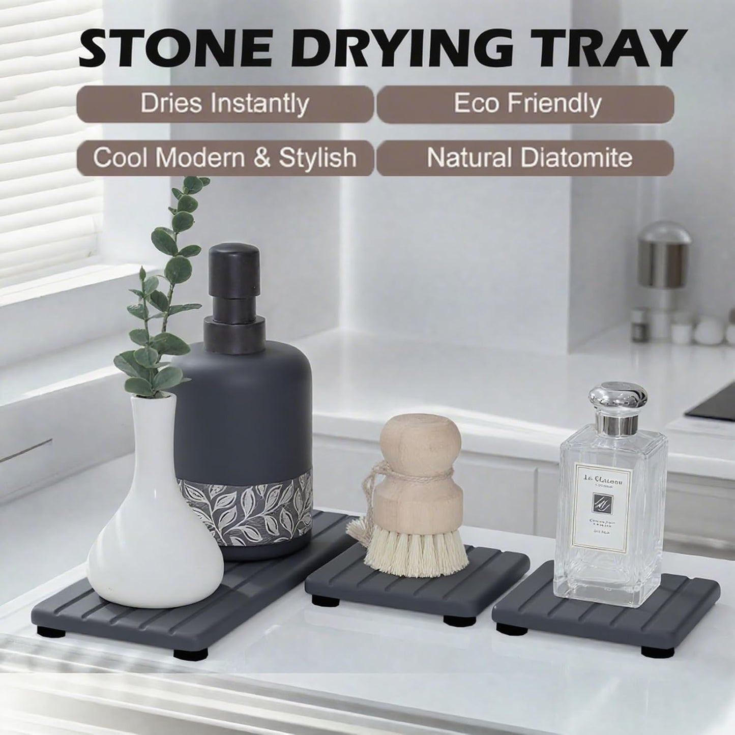 3PCS Stone Drying Tray, Stone Soap Tray, Water Absorbing Stones Trays for Sink, Fast Dry Diatomite Stones Sink Mat, Used for Hand Soap,Sponge,Toothbrush Holder in Bathroom Counter and Kitchen Sinks